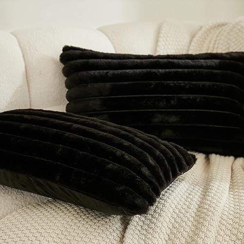 Miniatura 3 de JAUXIO Juego de 2 fundas de almohada de piel sintética sólidas, decorativas, texturizadas, a rayas, esponjosas para sofá, sala de estar, 12 x 20