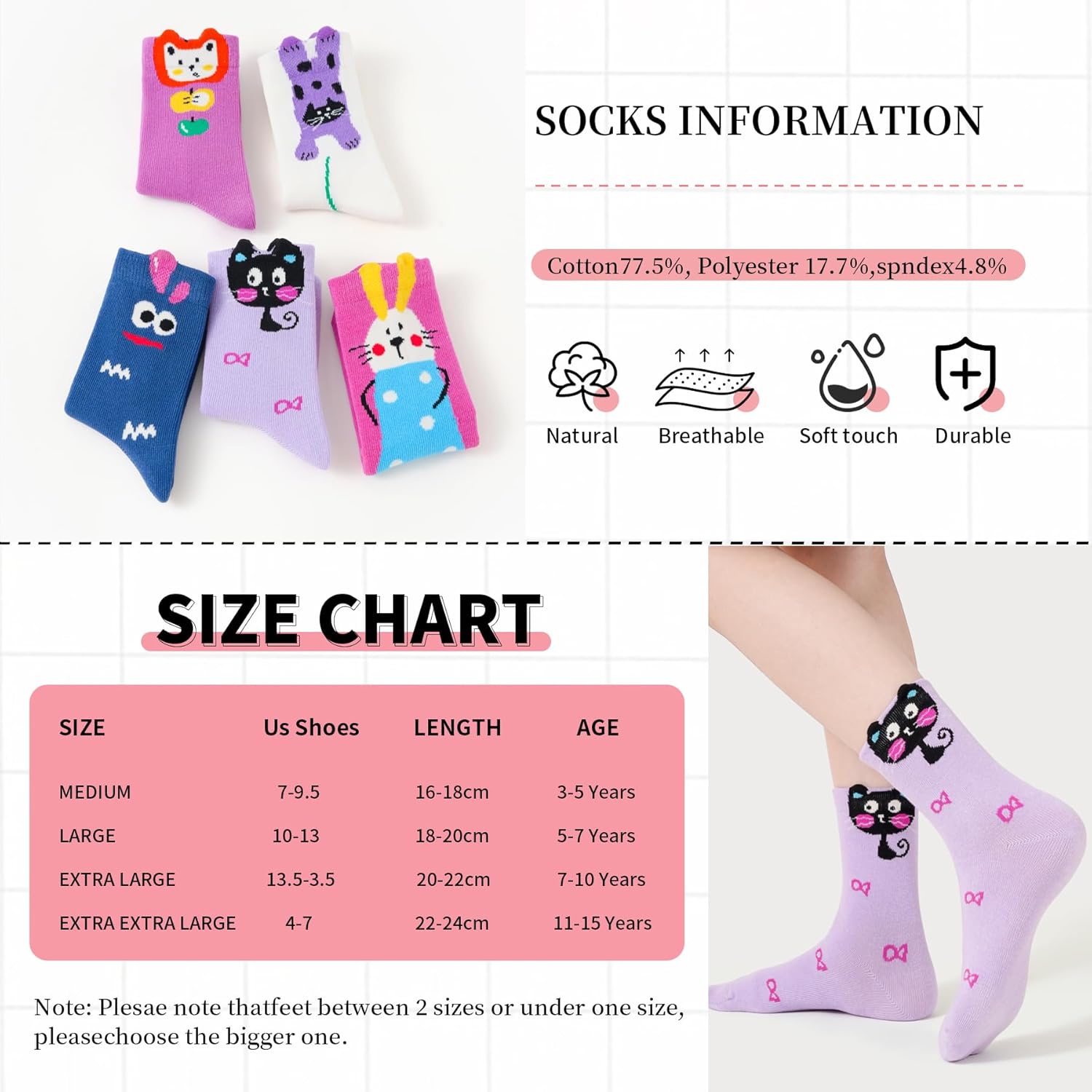 Kids Girls Cotton Cute Socks Low Cut Crew Ankle No Toe Seam Pack of 5 - Image 4