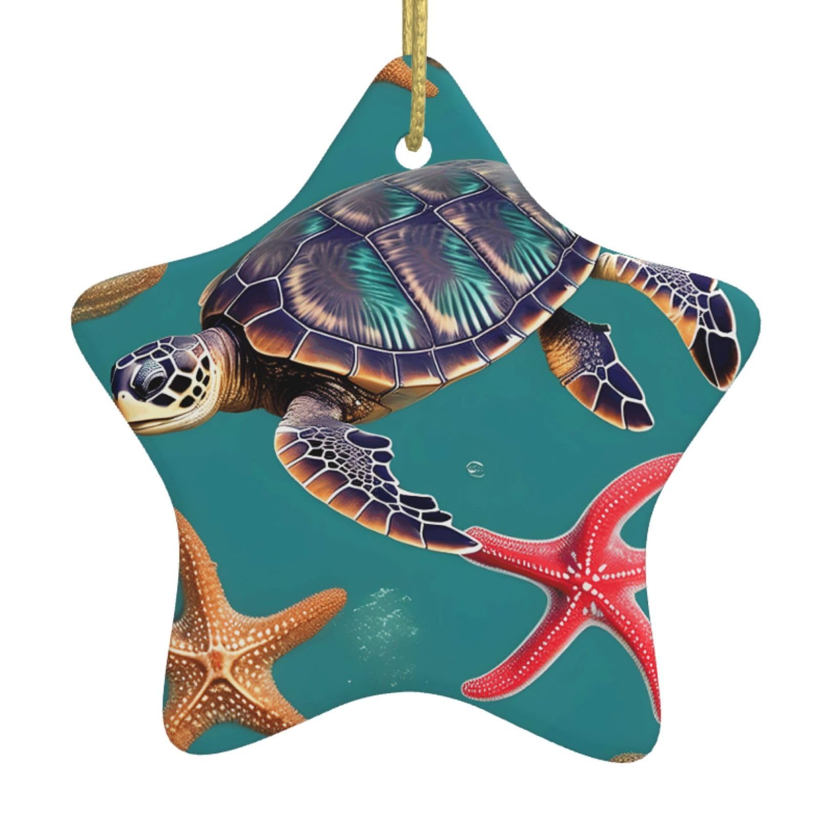 Nbtghga White Sea Turtle Starfish Pattern Print Christmas Ornaments, Ceramic Hanging Ornament, Round Shape Decorations