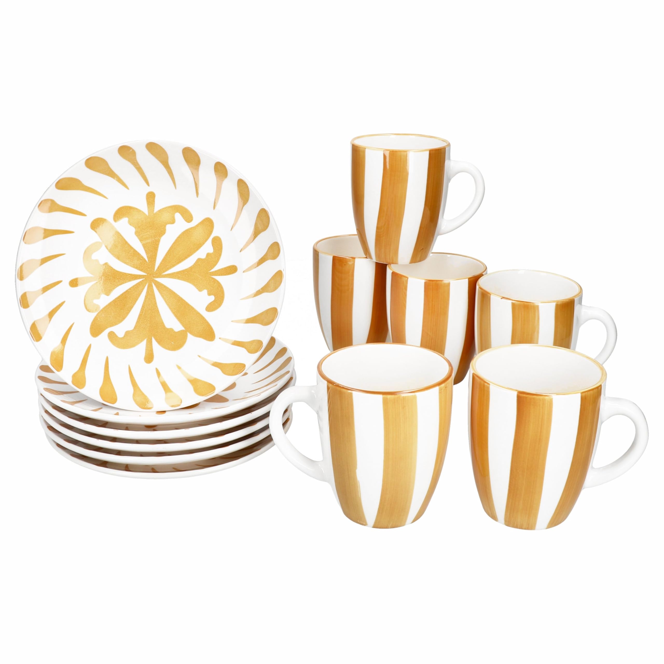MamboCat Service de petit-déjeuner 12 pièces jaune sapin I 6 petites assiettes à petit-déjeuner et 6 tasses à café pour 6 personnes avec branches et rayures I Noël