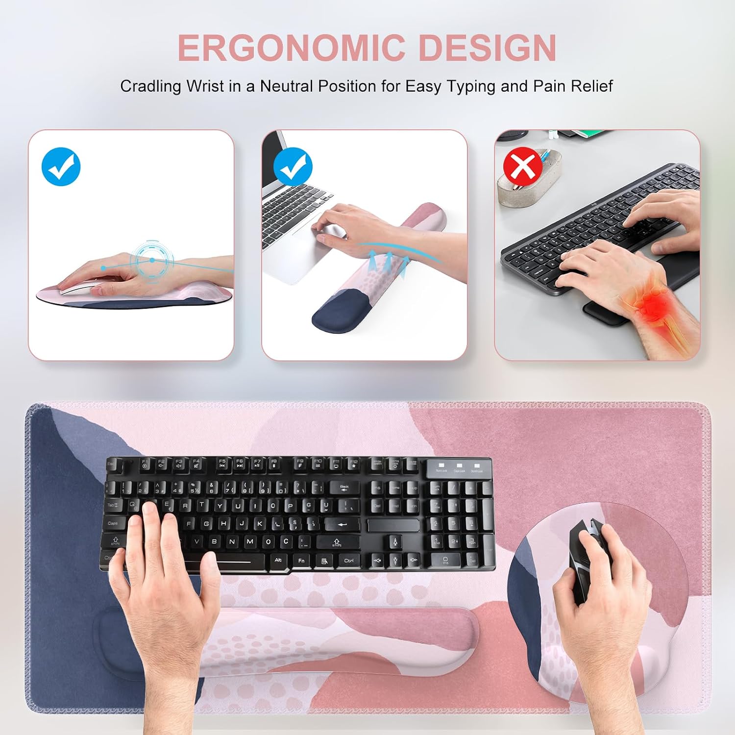 iCasso Desk Mat, Gaming Mouse Pad Wrist Support Set, XXL Large Mousepad + Keyboard Wrist Rest+Mouse Wrist Rest+Coastert with Ergonomic Design for Home Office Computer (C-Four-Pink-Block)