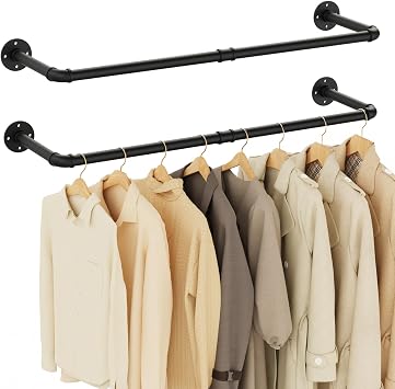 Yawinhe Industrial Pipe Clothes Rack,94cm Wall Rails,2 Pack,Black