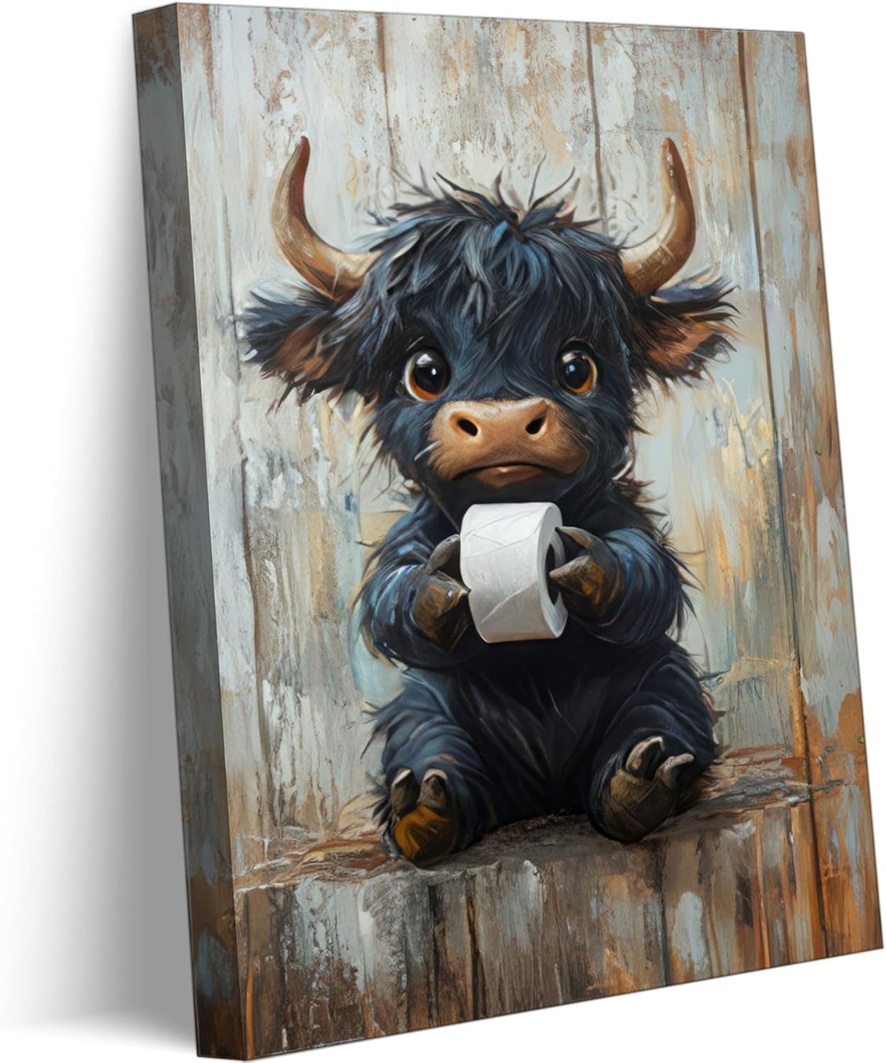 Funny Highland Cow Bathroom Canvas Wall Art Cute Black Cow Baby Animal Picture Wall Decor Vintage Rustic Farmhouse Home Poster Print Painting for Bathroom Toilet Restroom Washroom Decoration