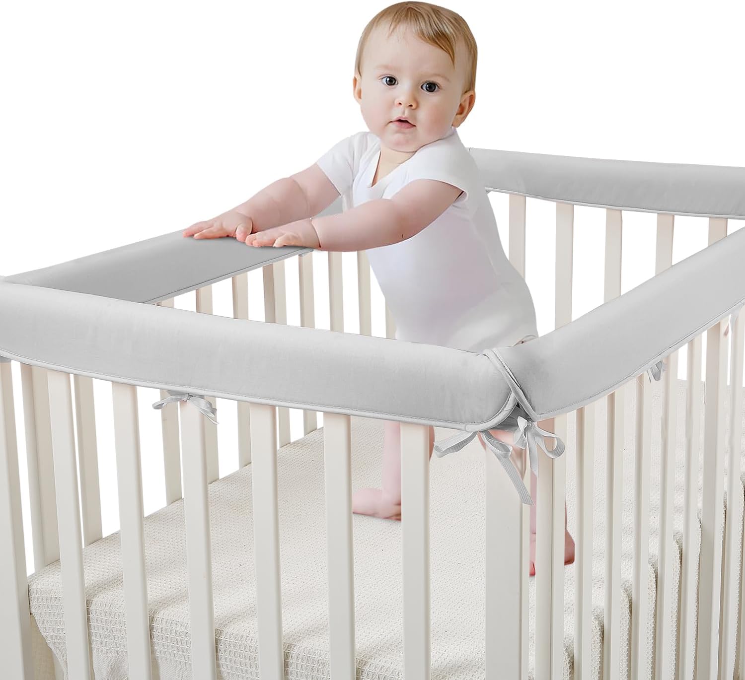 4pcs Crib Rail Covers for Teething,Cotton Teething Edge Crib Rail Cover,Corner Edge Strips for Full-Size Cribs,Soft Anti-Collision Strip Cover (White)