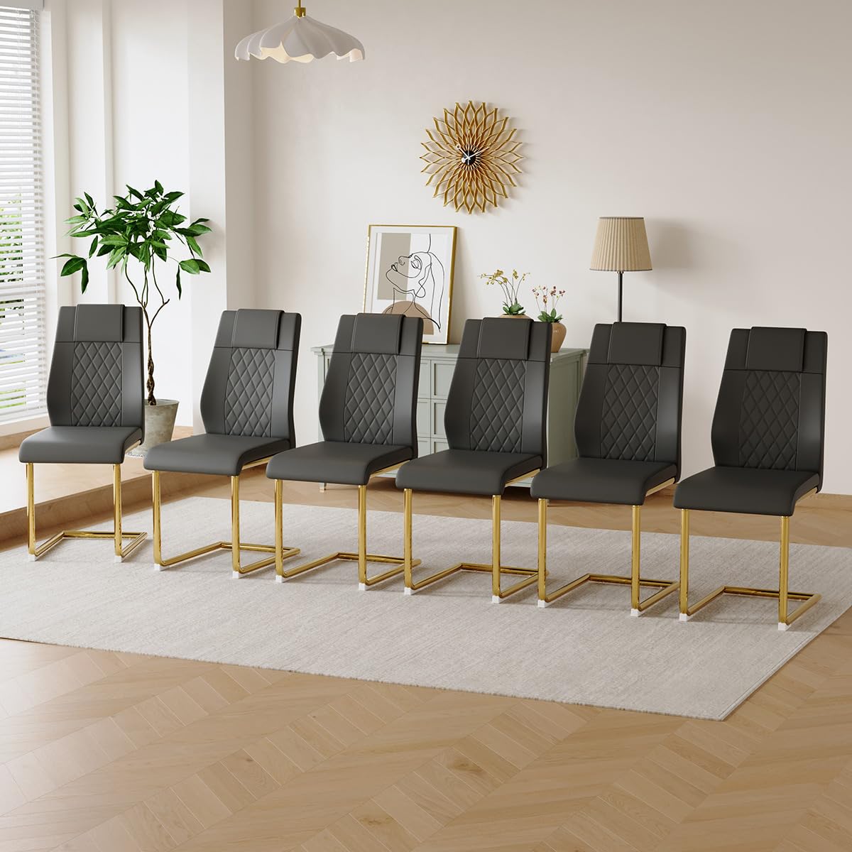 gopop Dining Chairs Set of 6, Modern Kitchen & Living Room Chairs with Electroplated Metal Legs, Upholstered Accent Side Chairs with Faux Leather