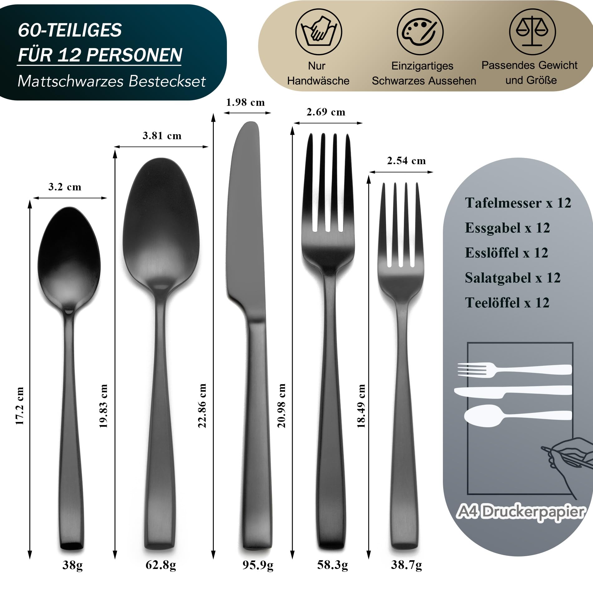 60-teiliges Besteck Schwarz Matt, EIUBUIE Premium Edelstahl Besteckset 12 Personen mit Einzigartigen Griffen, Modernes Schwarzes Besteck Essbesteck Tafelbesteck mit Messer Gabel Löffel