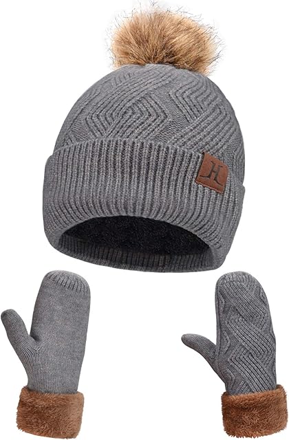 Maylisacc Ladies Warm Knitted Pom Beanie and Mitten with Double Layer Fleece Lining, Thermal Winter Bobble Hats Mittens Set Women with Faux Fur for Outdoor Skiing Cycling