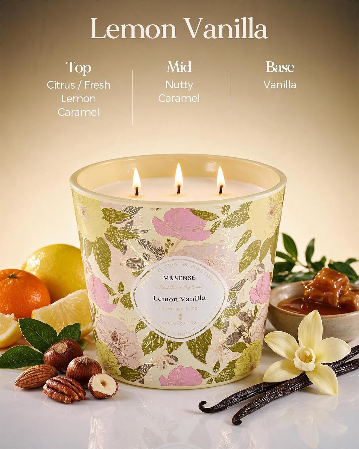 M&SENSE Lemon Vanilla Scented Candle, Large 28.2oz Natural Soy Wax image 2