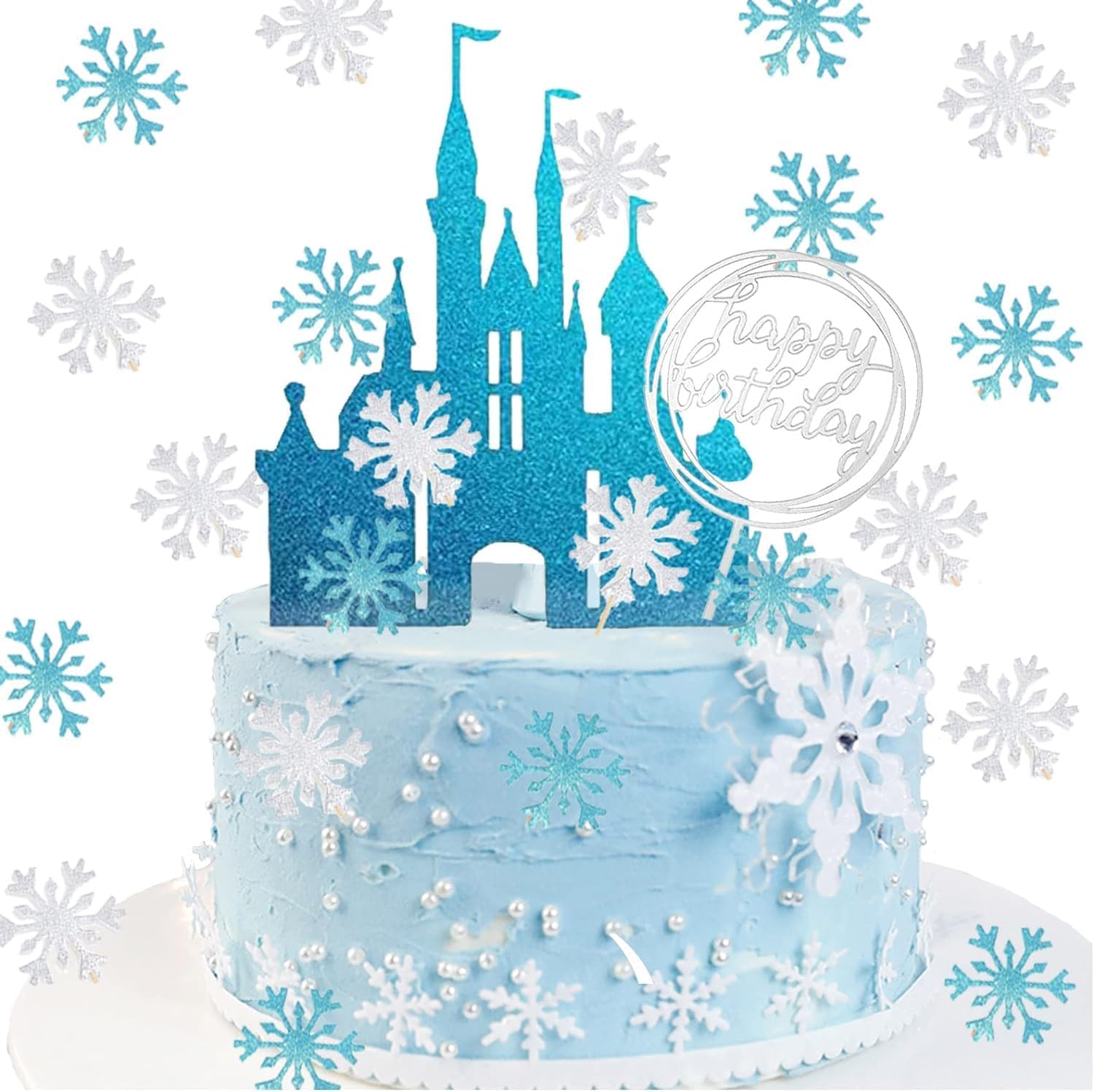 Castle Cake Decoration Princess Cake Topper, Frozen Snowflakes Birthday Decoration with Castle, Frozen Blue Cake Topper for Children Girls, Christmas Silver Snowflakes Decoration Wedding Cake