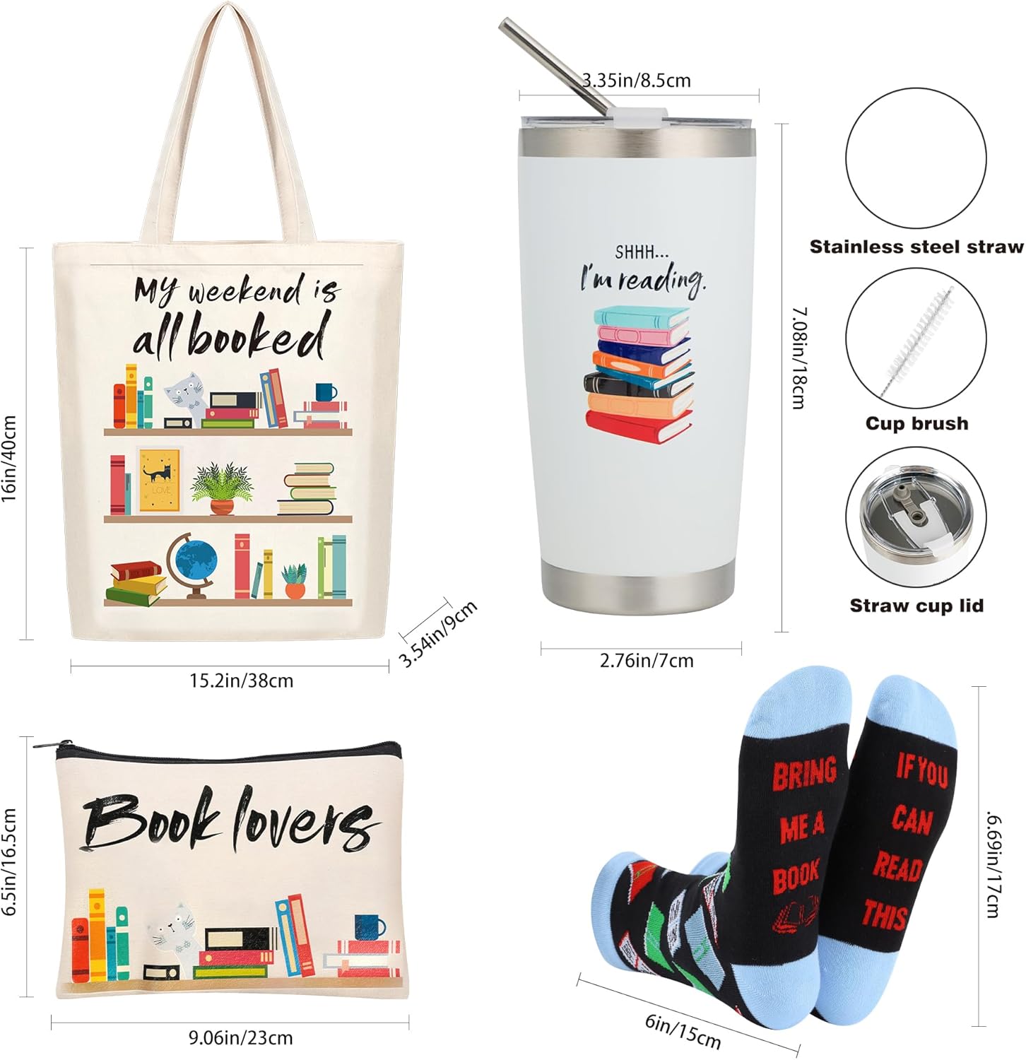 Kolewo4ever 11 Pieces Book Lovers Gifts Box Set Insulated Tumbler,Tote Bag,Makeup Bag,Socks,Keychain,Bookmark,Flipper