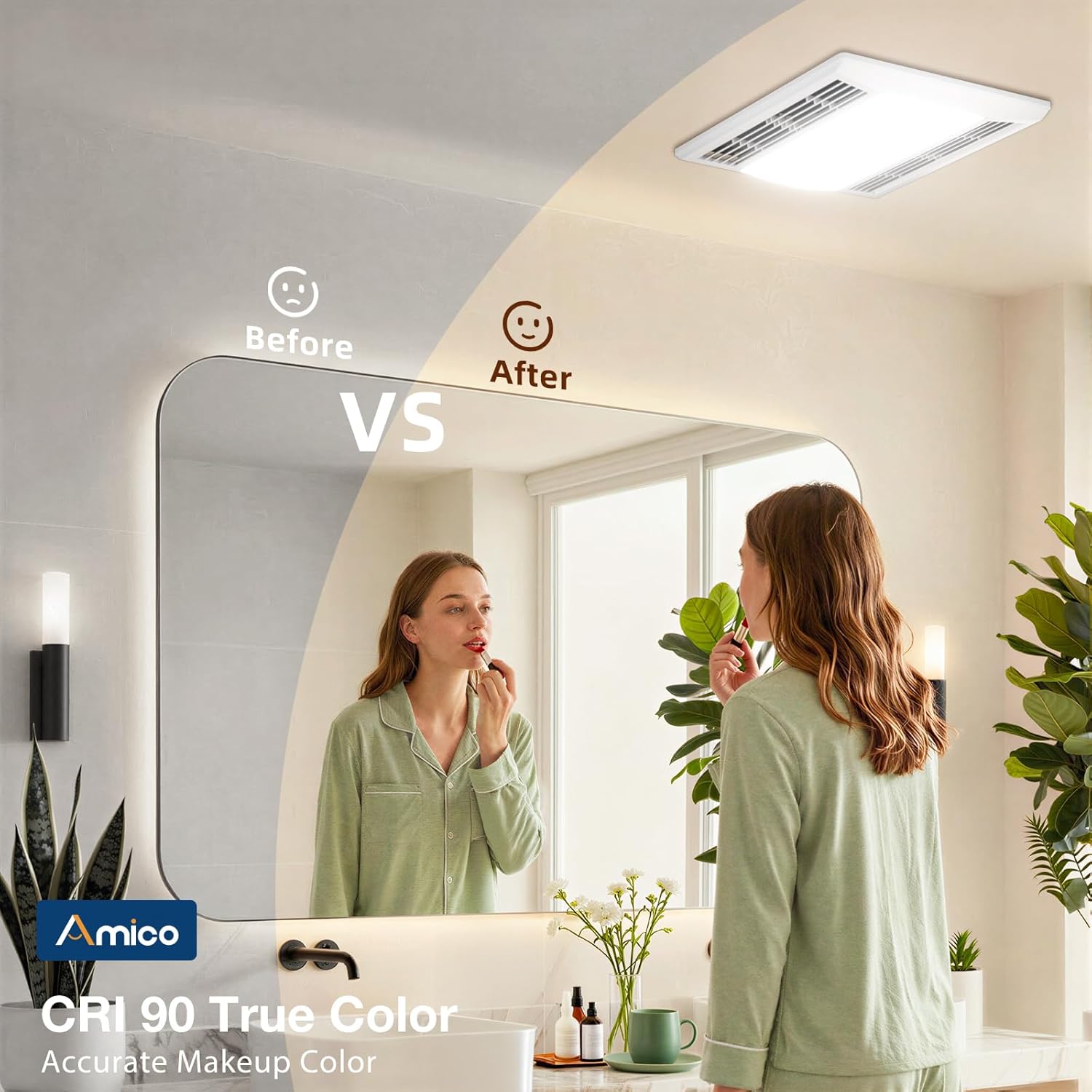 Amico Bathroom Exhaust Fan with LED Light, 80 CFM, 0.9 Sones, 1000LM, 5CCT, 90 CRI, Ceiling Mount Shower Ventilation Fan, No Attic Access Needed, 4 Inch Duct, ETL & FCC