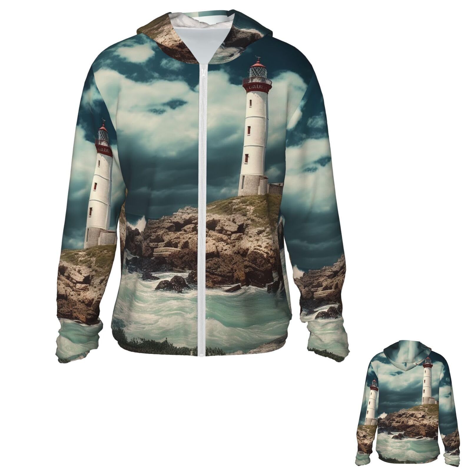 NONHAI Men's Sun Protection Jacket UPF 50+ Full Zipper Long Sleeve UV Hoodie Shirt Lighthouse Seaside Women's Outdoor Jacket Black
