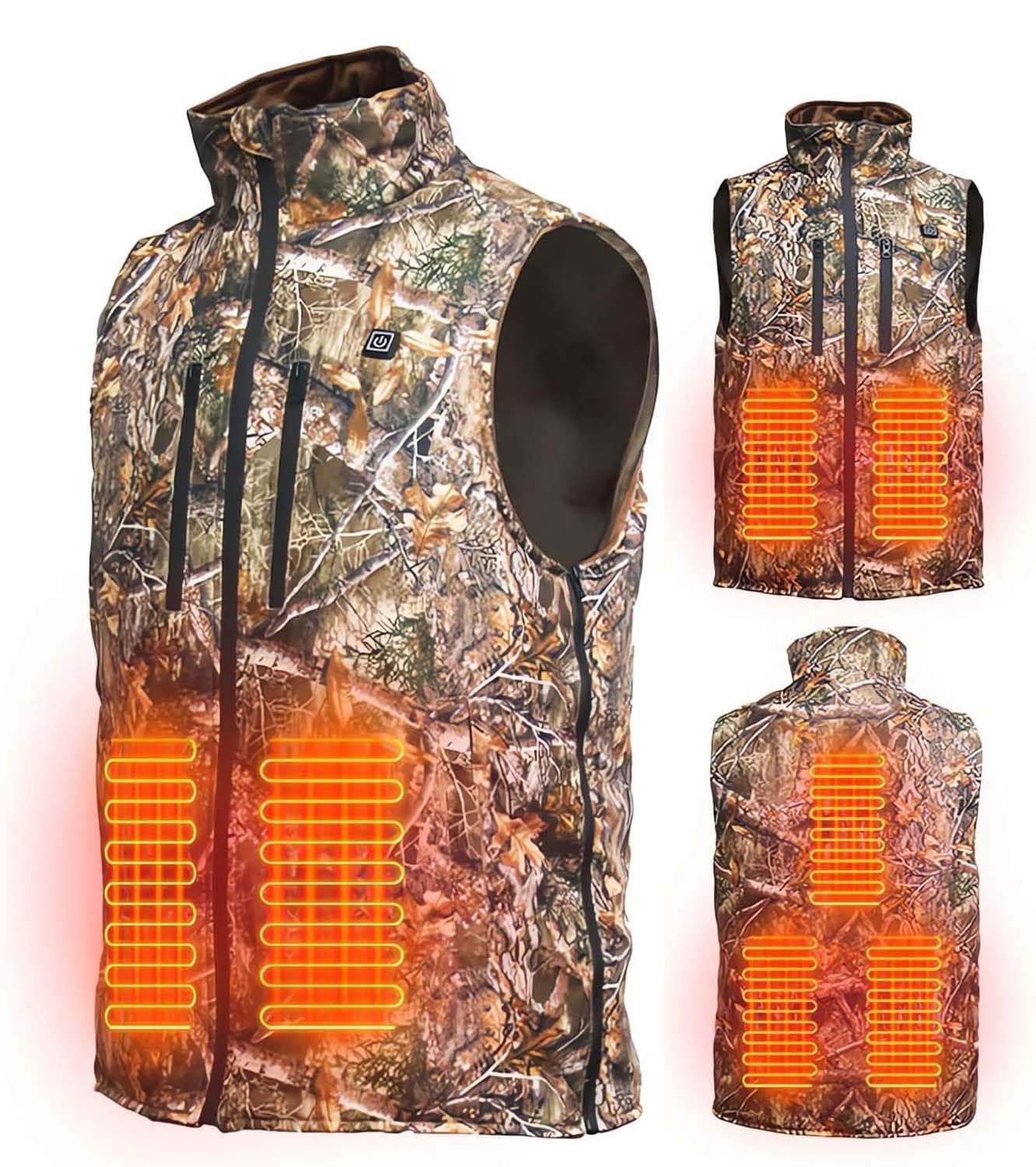 Gilet Chauffant de Chasse Homme, Hiver Gilet de Chasse Camouflage, avec 3 Niveaux de Chaleur, 5 Zones Chaleur, Camo Gilet Polaire pour La Chasse, Peche (Pas de Batterie)