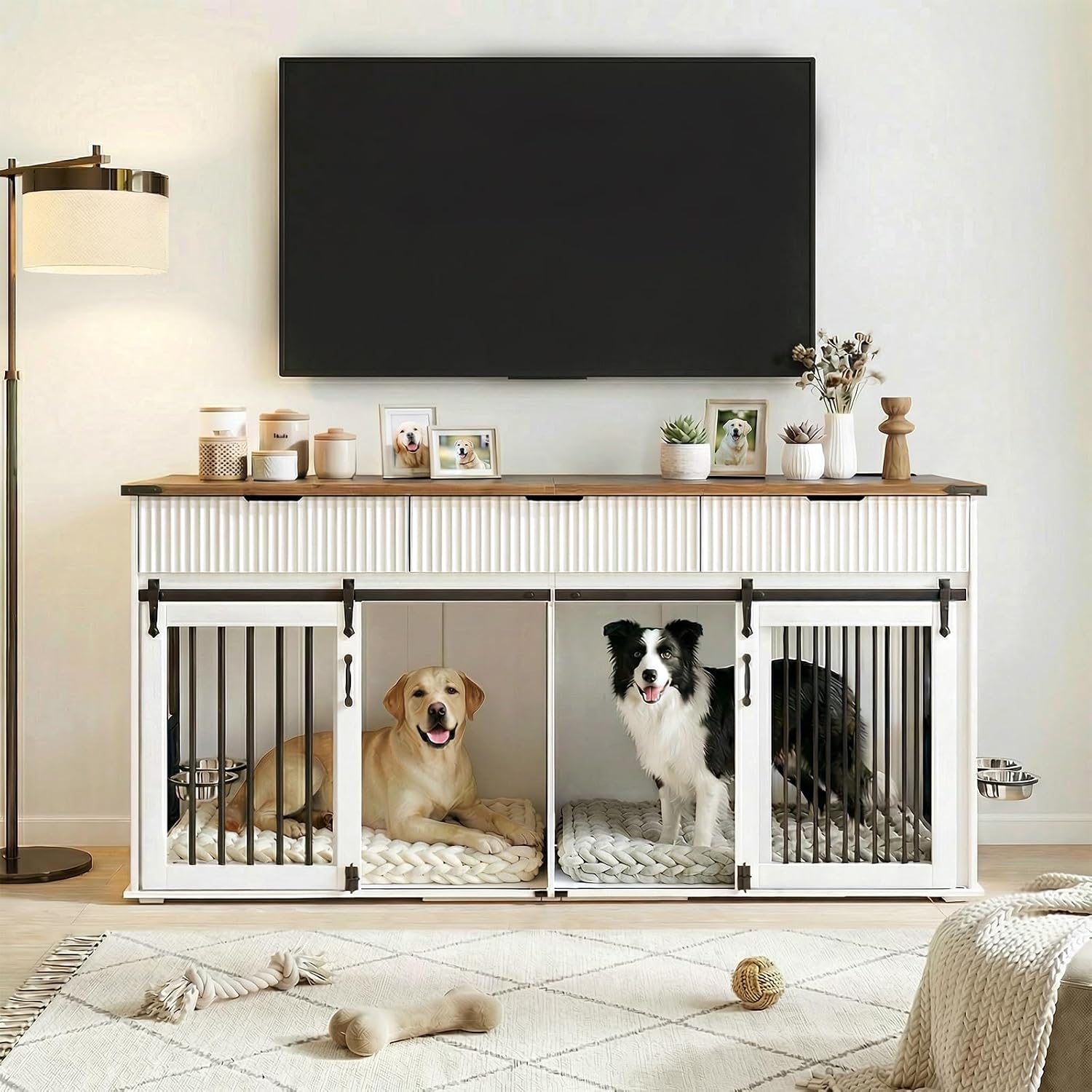 71'' Dog Crate Furniture for 2 Dogs, Wooden Double Dog Kennel with Removable Divider & 360° Rotating Feeder, 3 Fluted Drawers, Charging Station, TV Stand or Side Table (White)