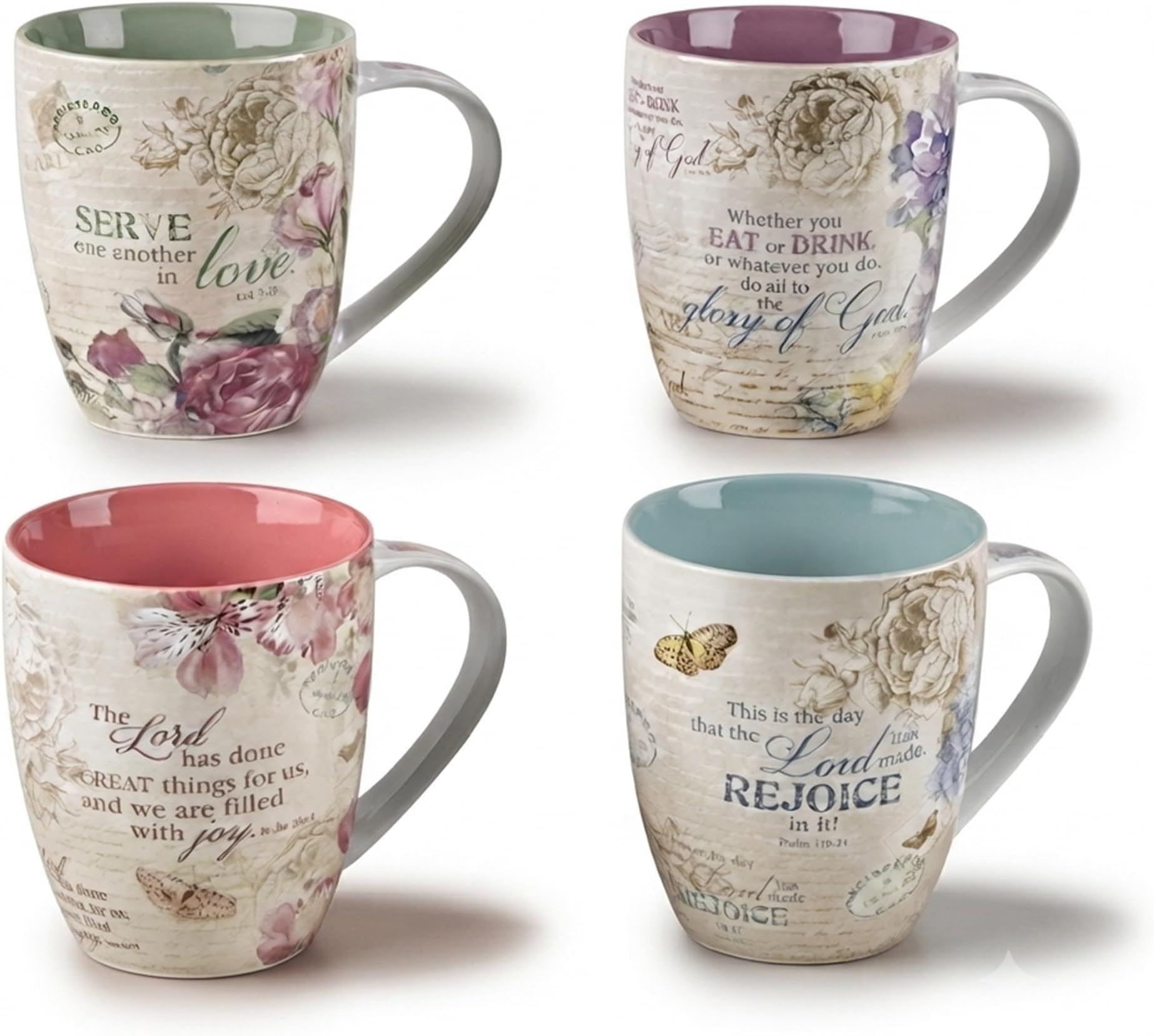 Christian Art Gifts Ceramic Coffee/Tea Mug Set for Women | Vintage Botanic Floral Inspirations Design Bible Verse Mug Set | Boxed Set/4 Coffee Cups