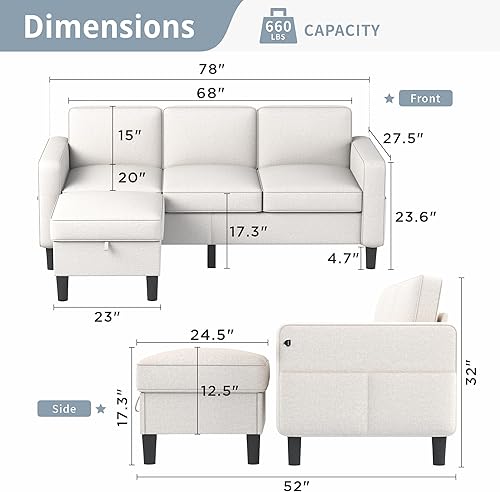 Miniatura 2 de Sala de estar modular en forma de L con puerto de carga USB + tipo C, sofás de 3 plazas con almacenamiento extraíble, sofá pequeño otomano de 78