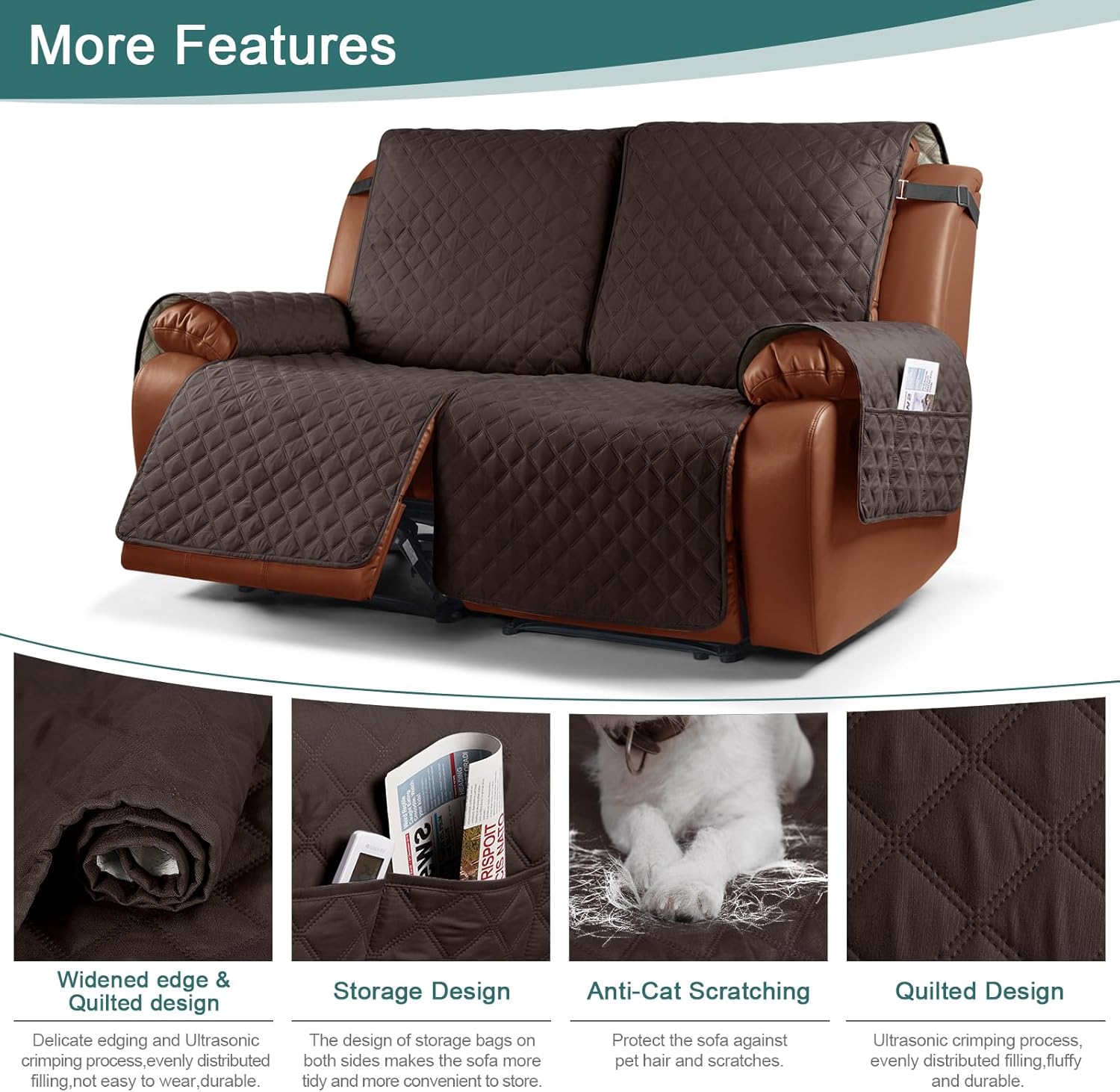Ruaozz Waterproof Recliner Sofa Cover 1-Piece Couch Covers for Reclining Couches Reclining Sofa Cover Washable Furniture Protector with Elastic Straps Pocket for Kids, Pets (Chocolate, XL 2 Seater)