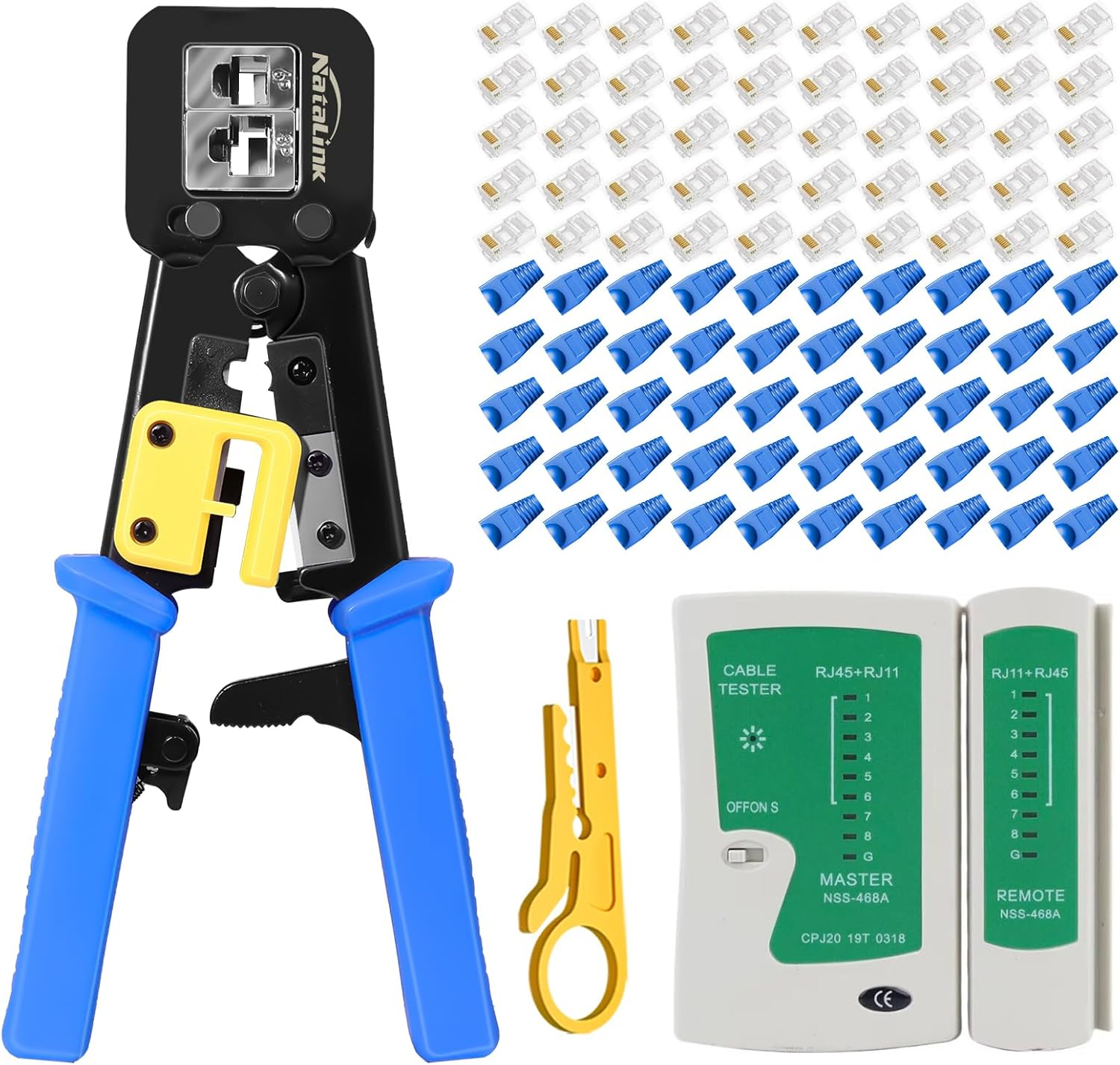 Pass Through RJ45 Crimp Tool Kit Cat 6 Cat 5E Cat 5 Ethernet Crimper Kit RJ45 Crimping Tool with Network Cable Tester, Mini Cable Stripper, 50 Pcs Cat6 Connectors and Strain Relief Boots