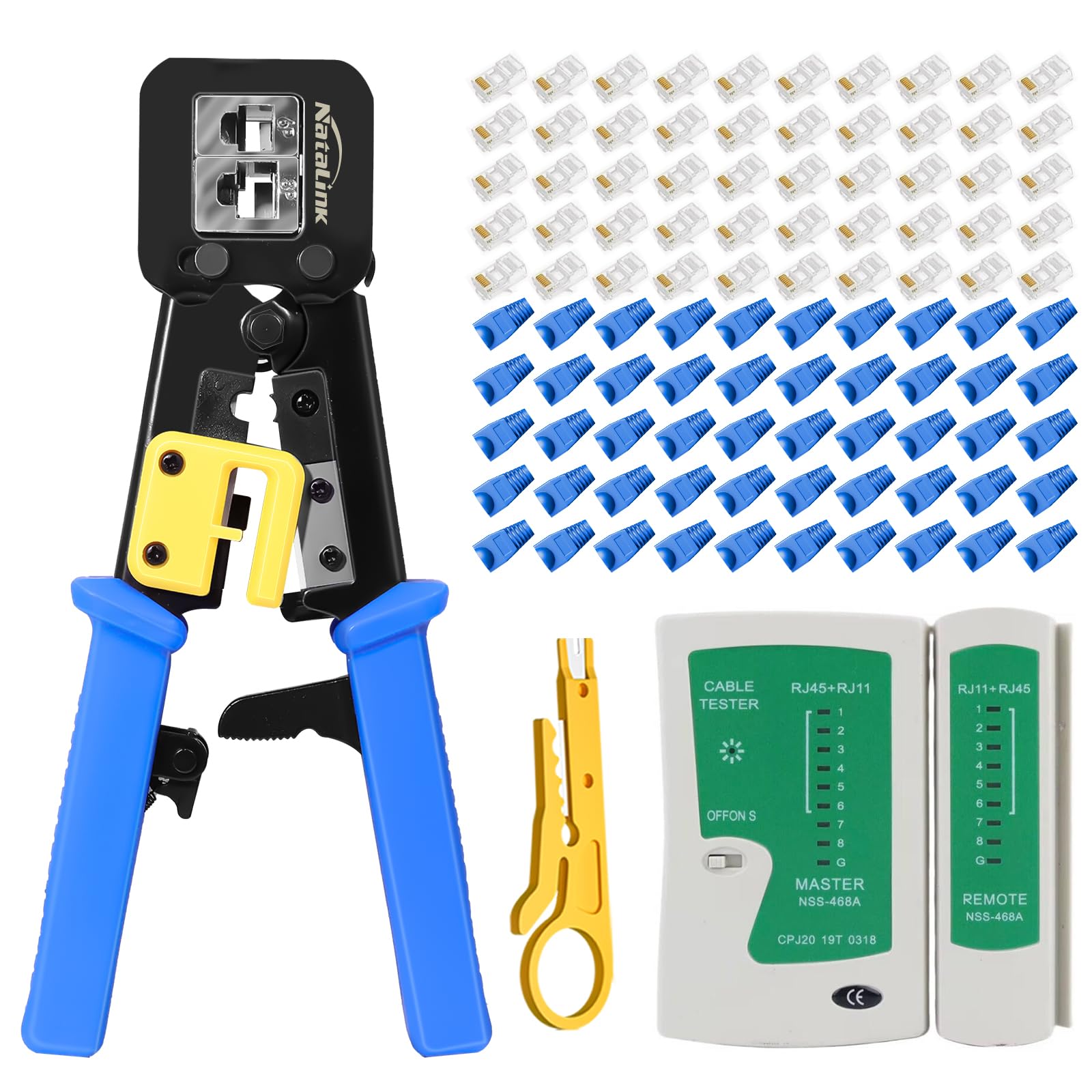 Crimpatrice RJ45 con tester per cavi di rete, mini spellacavi, 50 connettori Cat6 Cat6 Cat 5 e Cat 5 e cavi di sicurezza