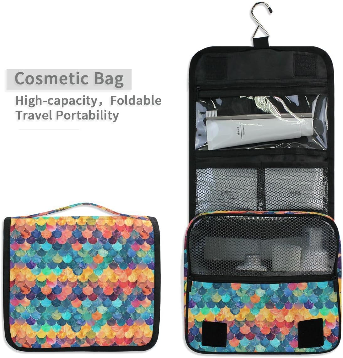 Hanging Travel Toiletry Bag Rainbow Scales Kit Makeup Case Cosmetics Organizer for Men Women
