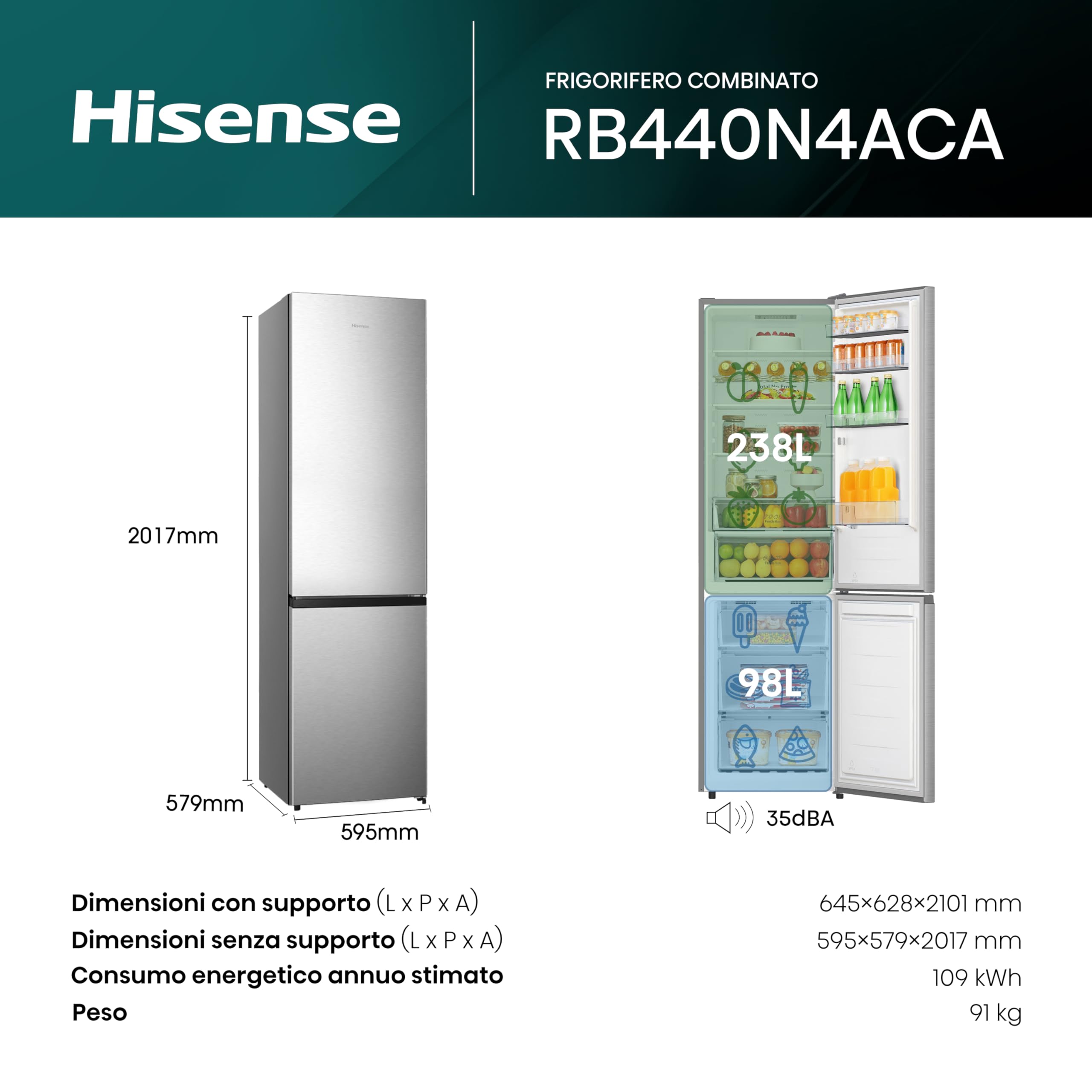 Hisense RB440N4ACA Frigorifero Combinato Total No Frost, Inox, 200x60 cm, Risparmio Energetico Classe A, Grande capacità 335L, Bassa Rumorosità 35db, Porta reversibile, Motore inverter