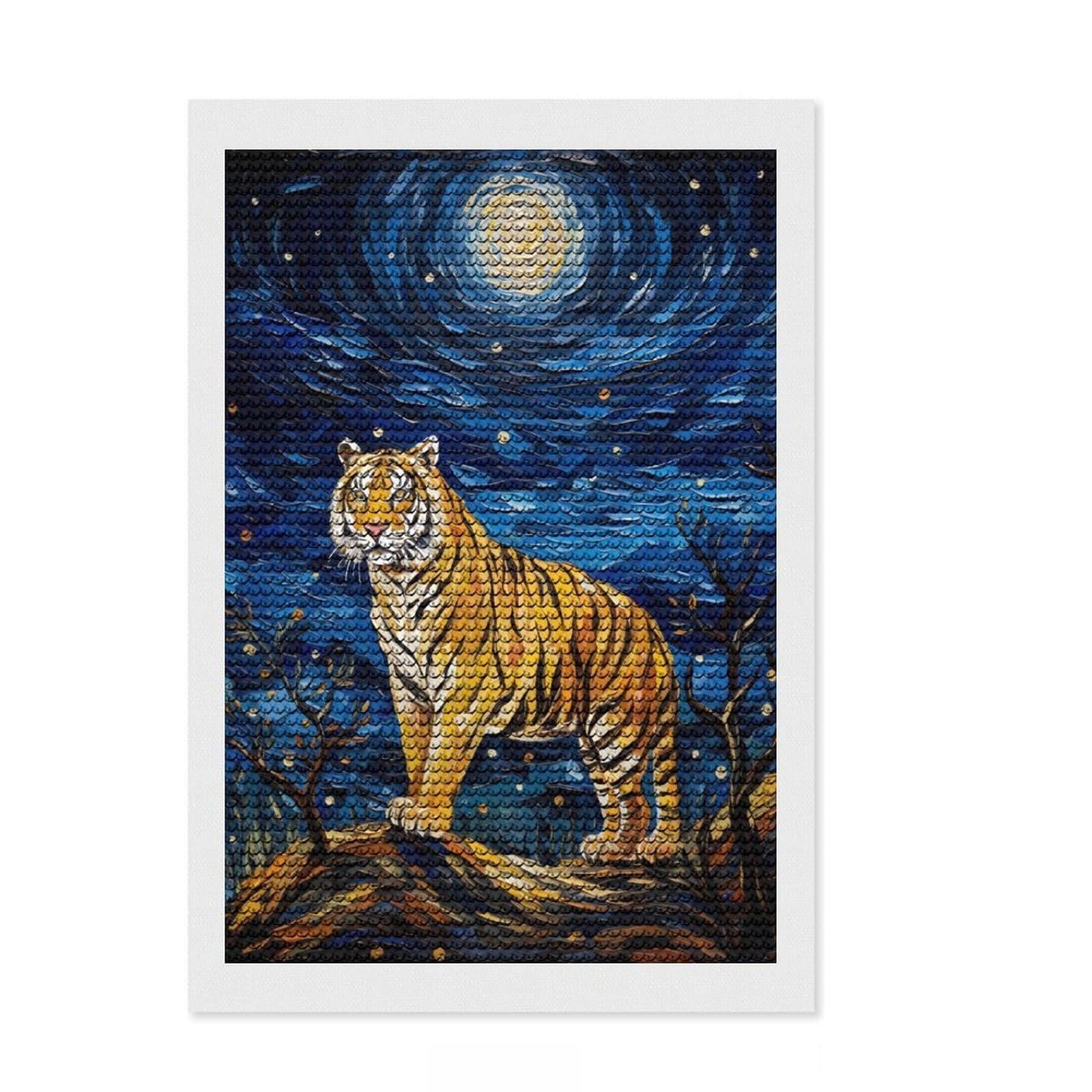 Junmoney The Starry Night Tiger Diamond Painting Set 8"x12", Relaxing DIY Hobby, Pleasing Wall Art Project, Farmhouse Decor, Birthday Gift