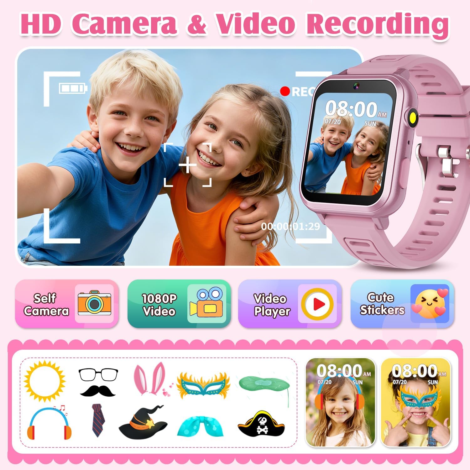 Smart Watch for Kids with 39 Games,Camera,Video,Music Player,Recorder,Alarm,Pedometer,Flashlight,Stopwatch,HD Touch Screen,Borthday Gift Toy for Girls Ages 3-12(Pink)