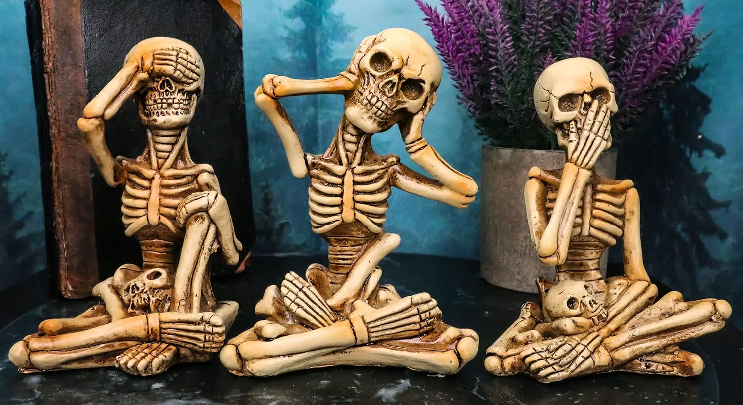 Ebros Gothic Alchemy Necromancy Magic See Hear Speak No Evil Bony Skeleton Figurines Set of 3 Halloween Decor Ossuary Graveyard Macabre No Evils Skulls Skeletons Skeletal Sculptures