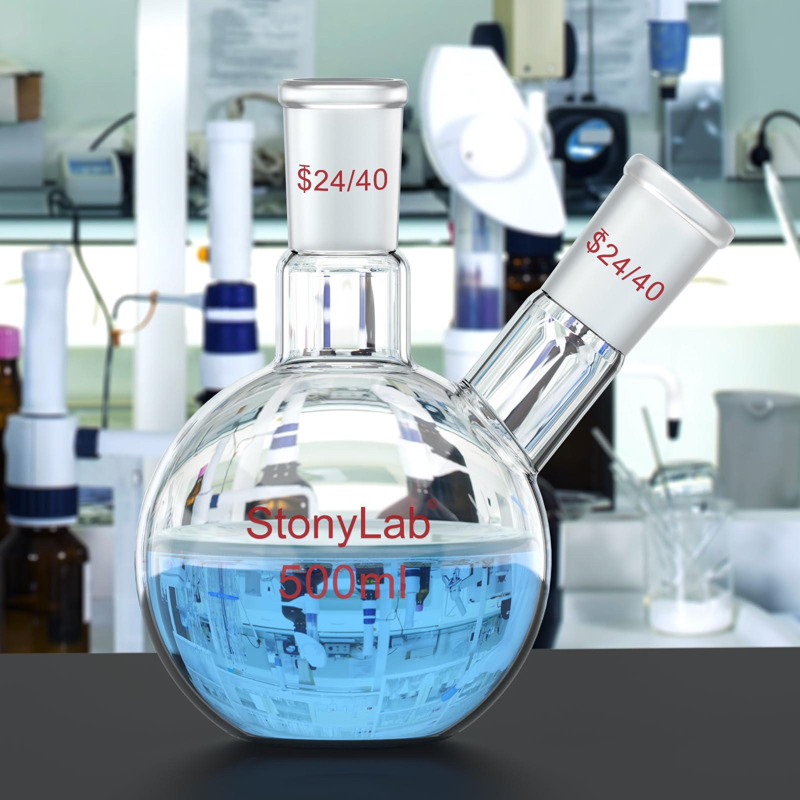stonylab Flachbodenkolben FBF, Schwerwandiger 2-Hals-Laborkolben Borosilikatglas Flachboden Siedekolben mit 24/40 Standard-Gelenk, 500 ml