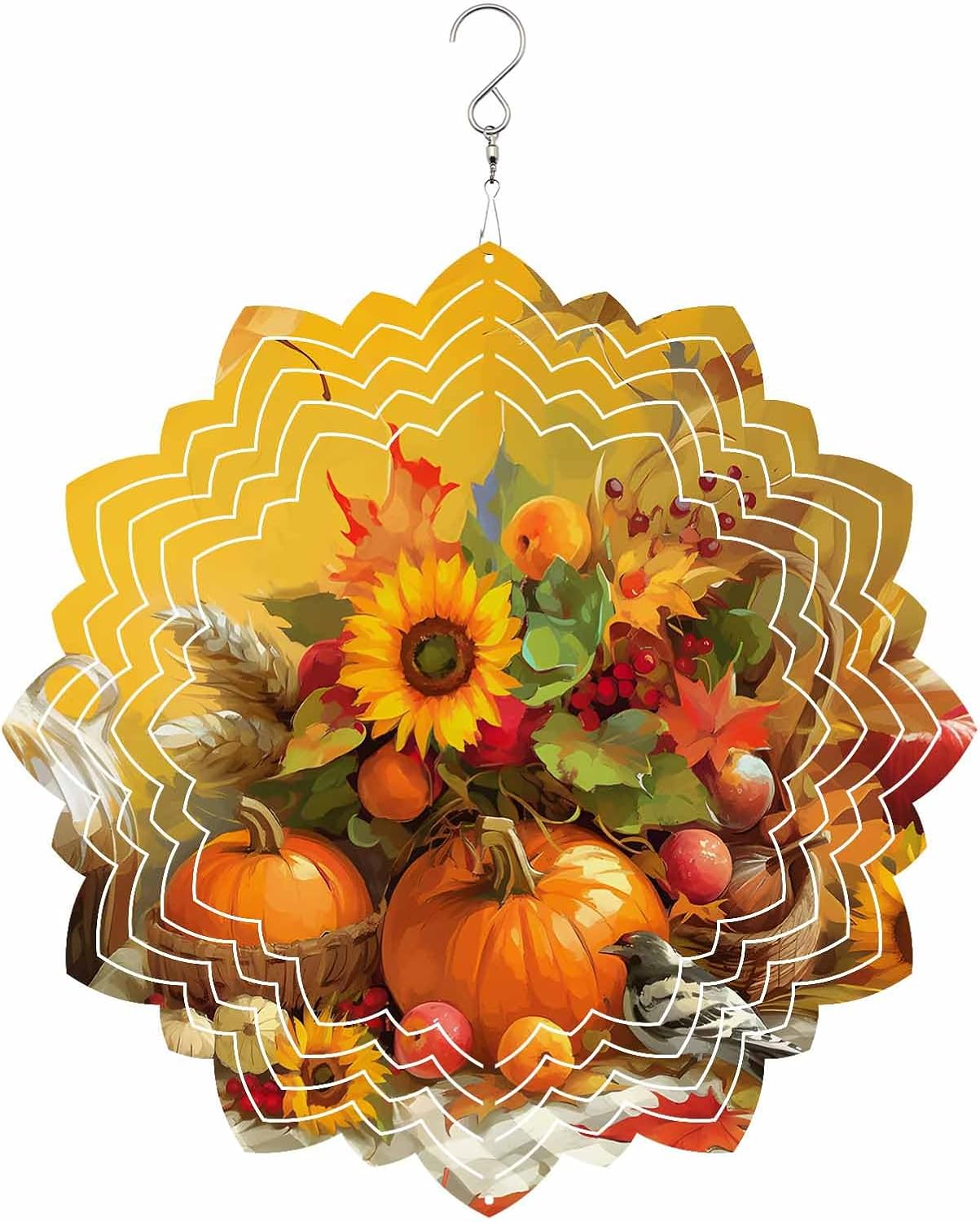 Thanksgiving Fall Wind Spinner for Yard and Garden, Sunflowers Bird Orange Pumpkin Hanging Wind Spinner Outdoor 3D Kinetic Wind Sculpture Spinners Indoor Outdoor Patio Décor Ornaments Gift 12 in