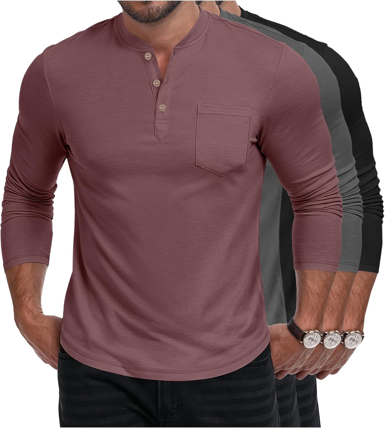 Long Sleeve Henley Shirts for Men 3 Pack Stretch with Pocket