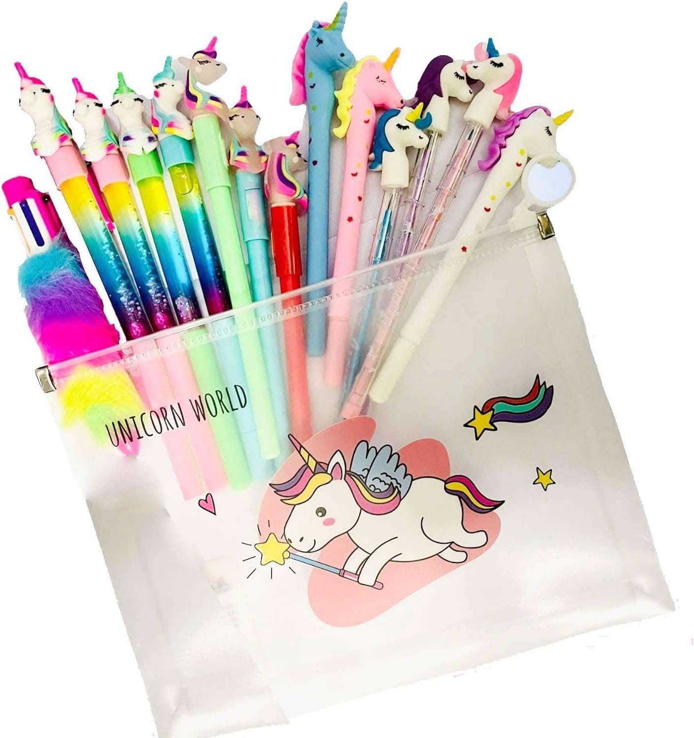 Set of Stationery Pens and Pencils Combo of 8 Unicorn Pen with Unicorn Transparent Big Pouch Stationery Combo for Kids Best Gift