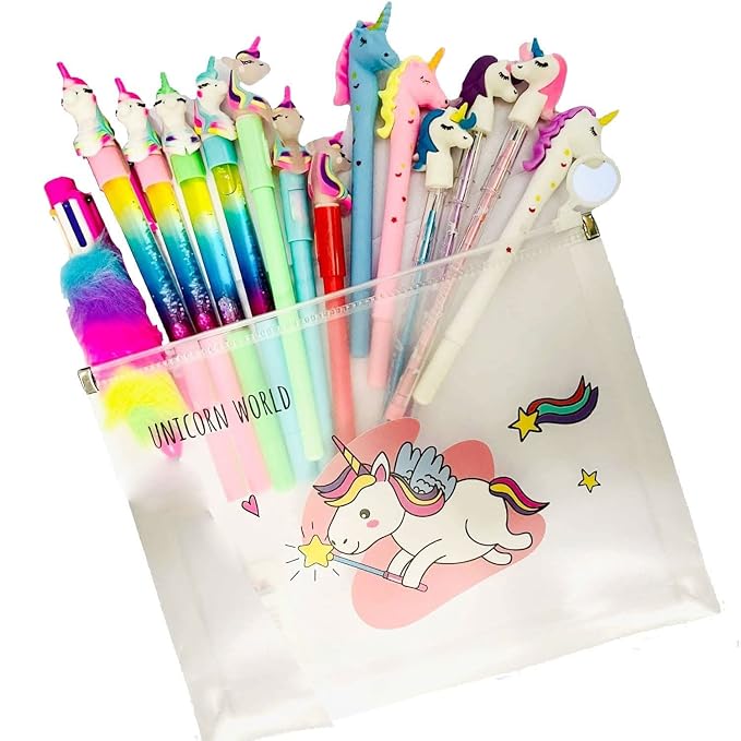 Set of Stationery Pens and Pencils Combo of 8 Unicorn Pen with Unicorn Transparent Big Pouch Stationery Combo for Kids Best Gift