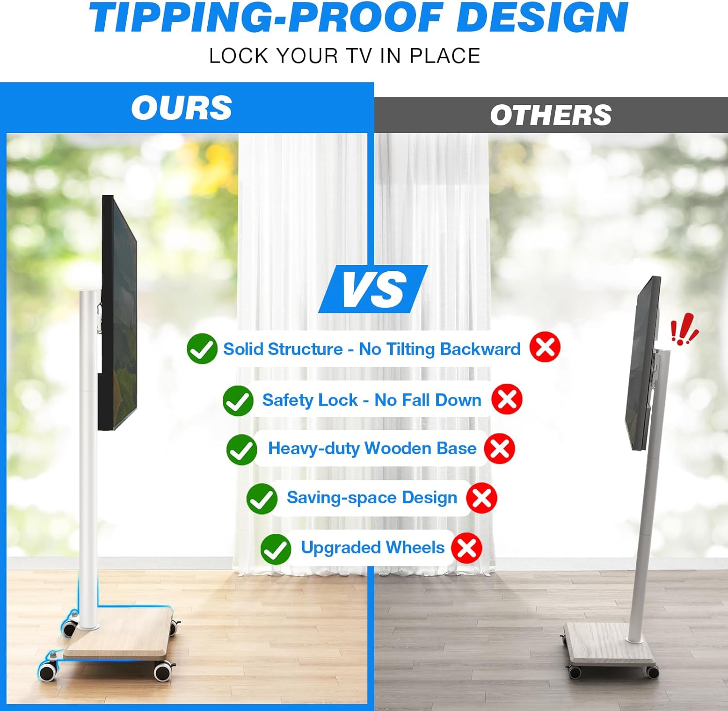 Rfiver Rolling TV Stand for 32 to 55 60 Inch TVs up to 88lbs, Height Adjustable Mobile TV Stand with Wood Base, Space-Saving Design Tall TV Cart Floor Stands for Living Room, Bedroom, Corner (White) 9 71PYVlFFgaL. AC SL1500