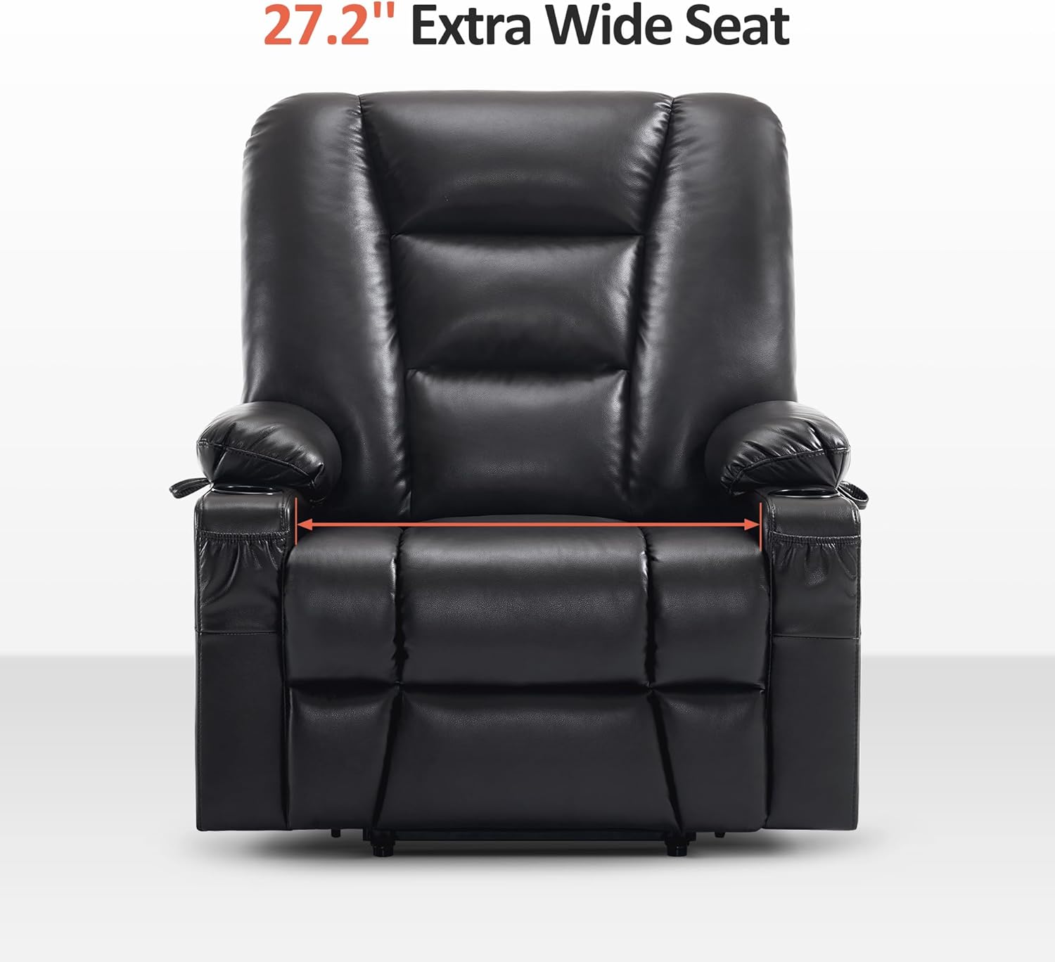 MCombo Oversized Power Lift Recliner Chair with Massage and Heat for Big and Tall Elderly People, Cup Holders, USB Ports, Side Pockets, Faux Leather R7541 (Black, Large-Oversize)