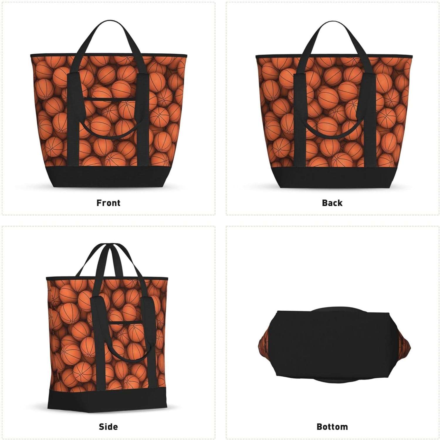 Basketball Orange Print Large Cooler Bag Tote Bag,Reusable Grocery Bag,Lunch Box Bag, For Picnic Beach Camping