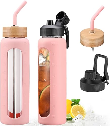 Miniatura 7 de Botella de agua de vidrio de 32 onzas con popote y 2 tapas, bambú y tapa de boquilla, botella de agua deportiva motivacional con funda de silicona y