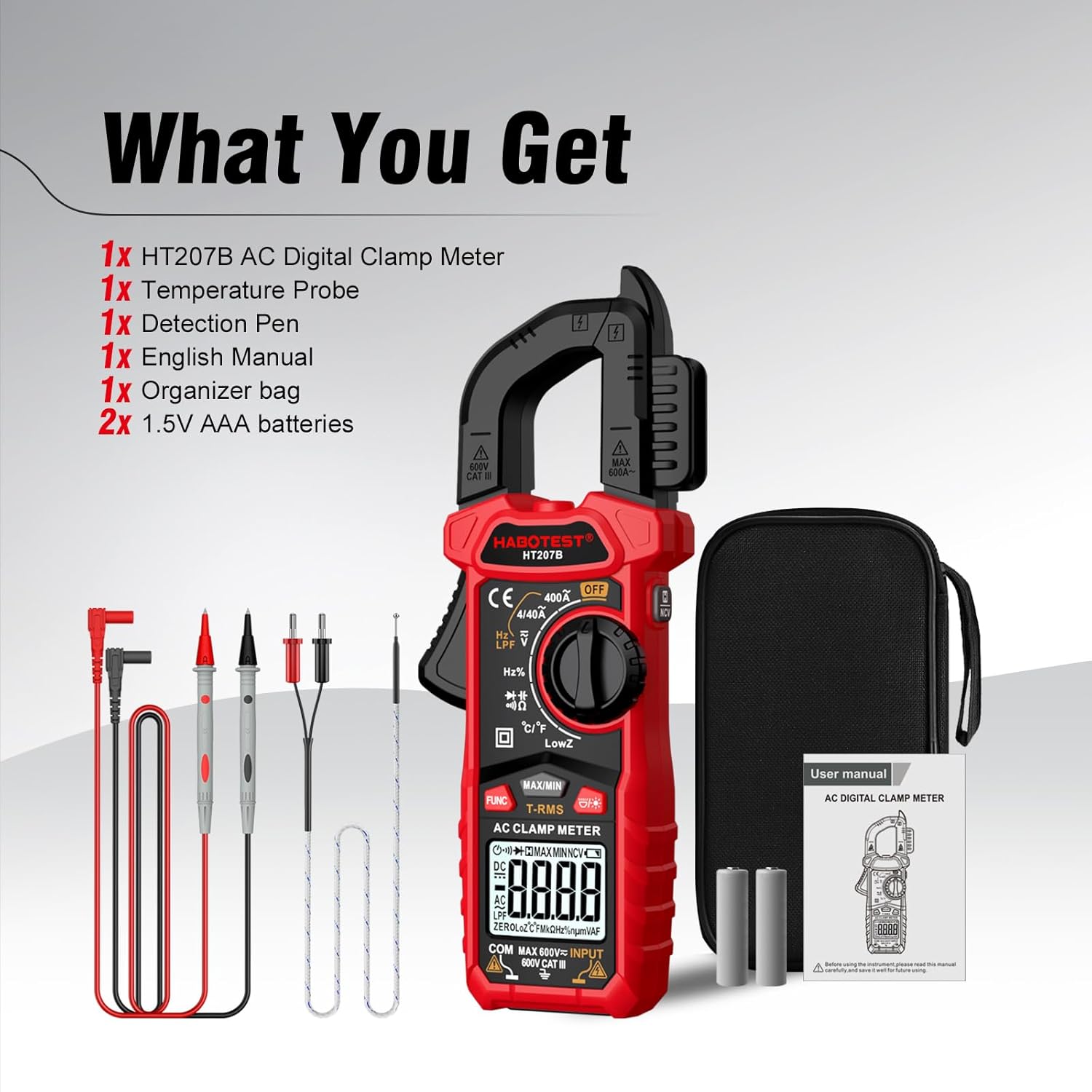 Contents of the HABOTEST HT207B package including the meter, probes, manual, and case
