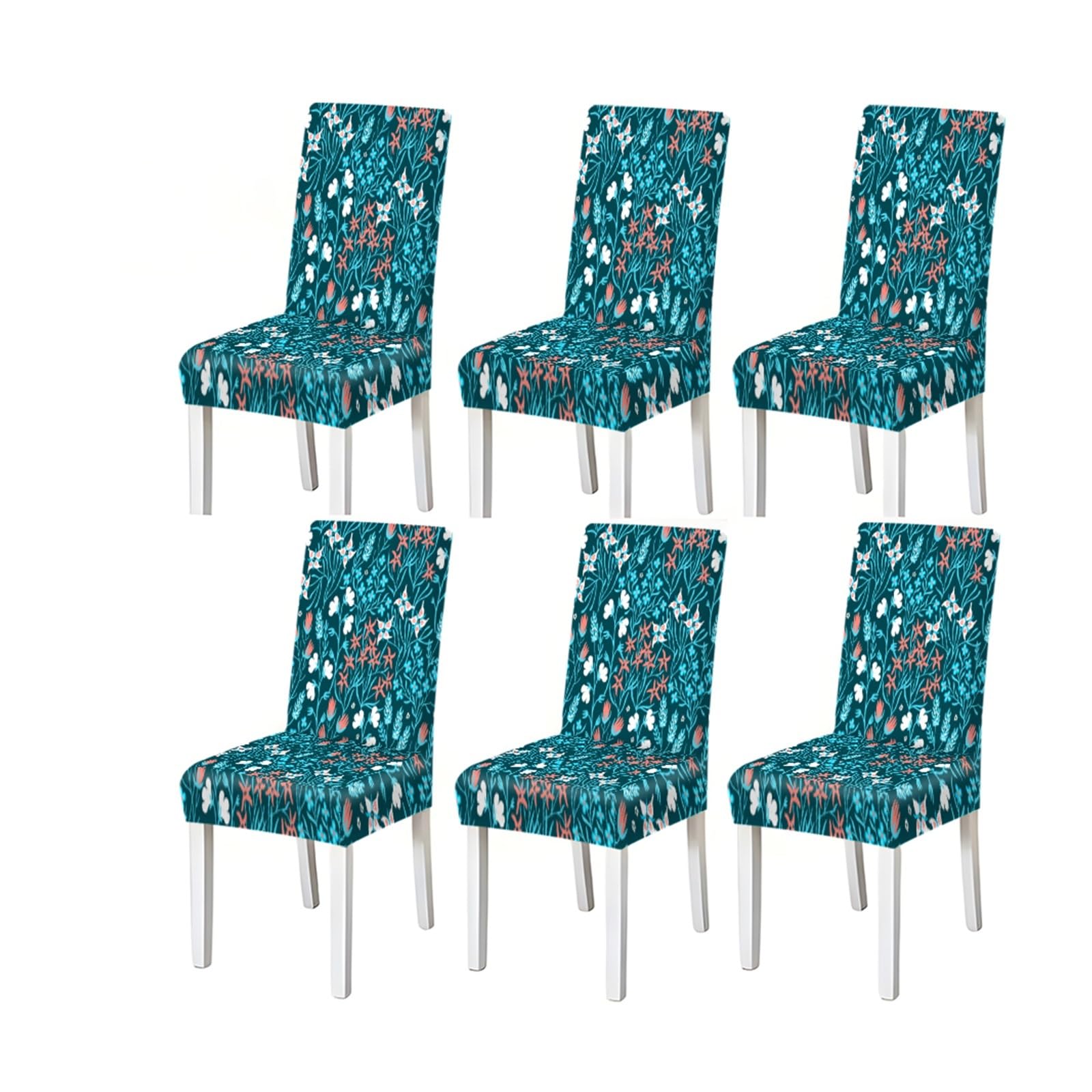 FZJKGH Wildflower Botanical Dining Chair Covers Set Of 2/4/6, Stretch Washable High Back Chair Covers, Teal Floral Print Removable Stretch Slipcovers for Dining Chairs(6PCSChair cover)