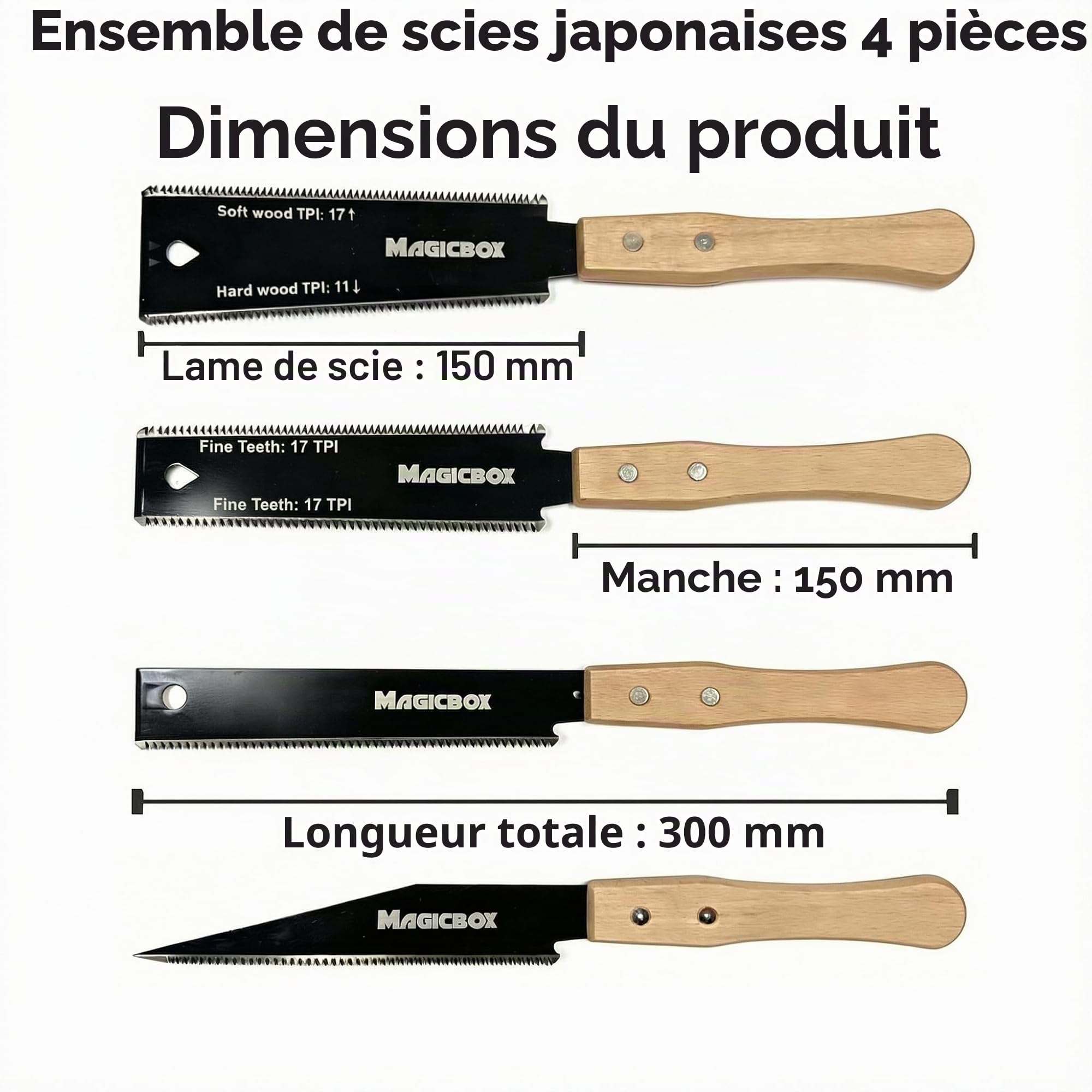 Magicbox Lot de 4 scies à main japonaises pour le travail du bois avec dents fines et poignée en bois, scies à double tranchant et à affleurer pour la coupe du bois de précision, les projets de