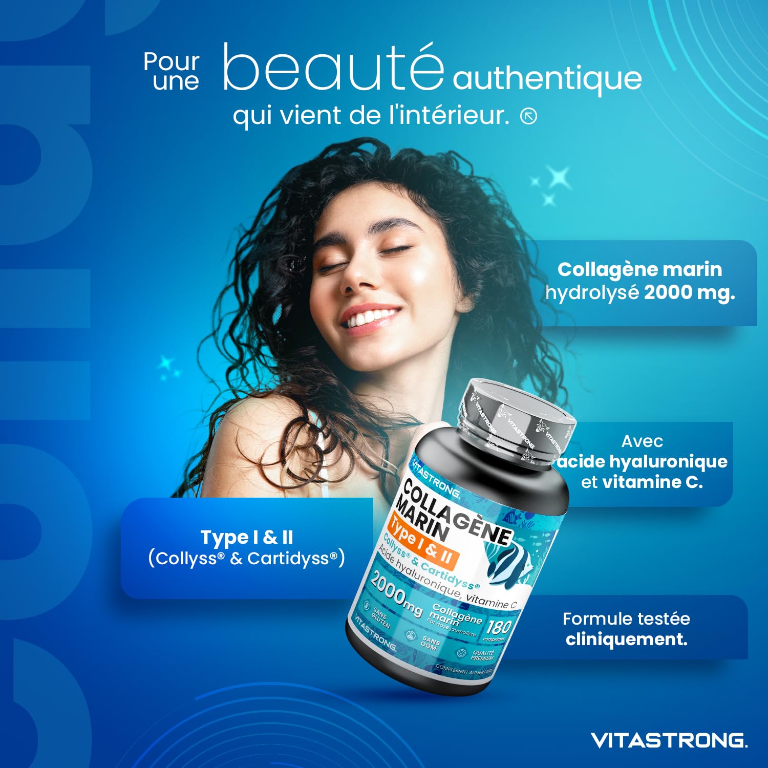 Collagene Marin, Acide Hyaluronique, Vitamine C, 180 Comprimés, Collagène Hydrolysé de Type 1&2 Collyss Cartidyss, Supplément de Collagene Marin Acide Hyaluronique avec Vitamin C, Qualité Vitastrong