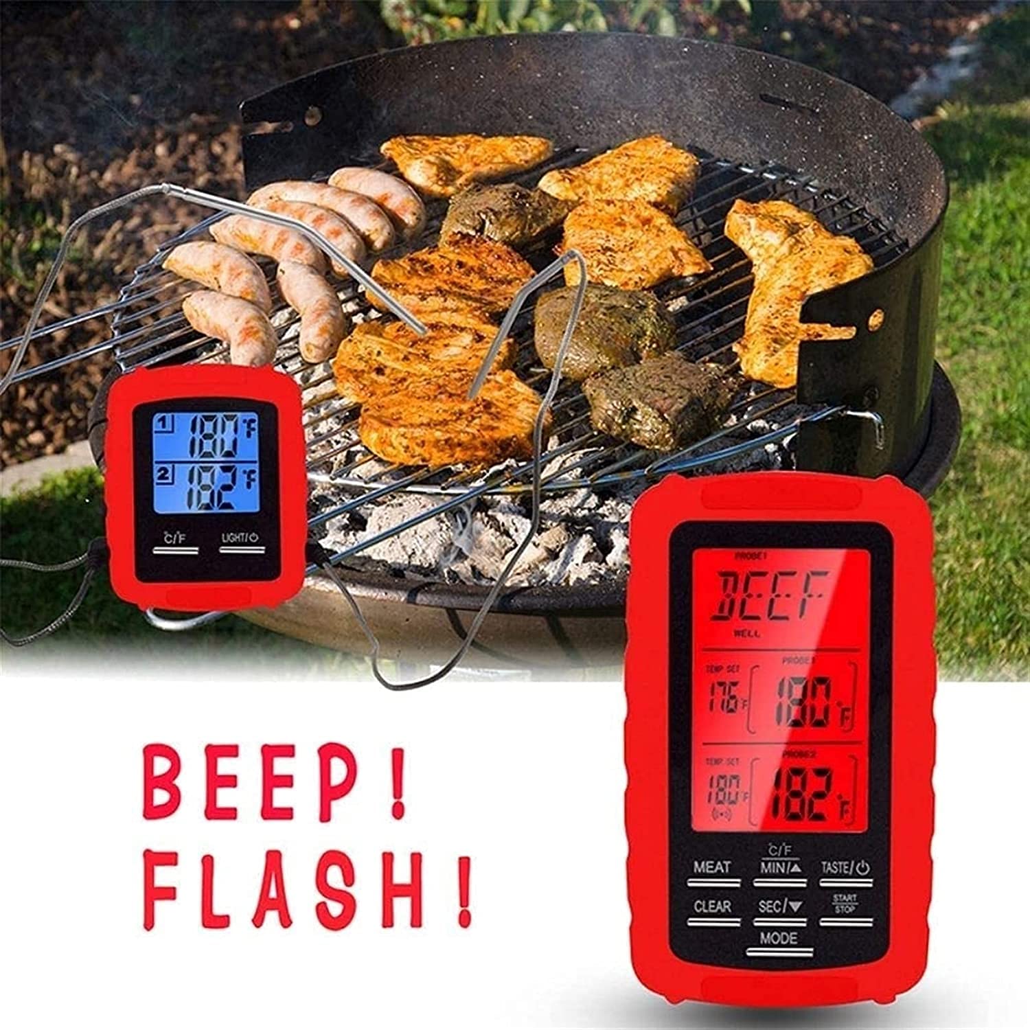 Termómetro de Carne de alimentación de Cocina Digital Remoto inalámbrico con sonda Dual for la Parrilla de Fumadores Barbacoa Termómetro