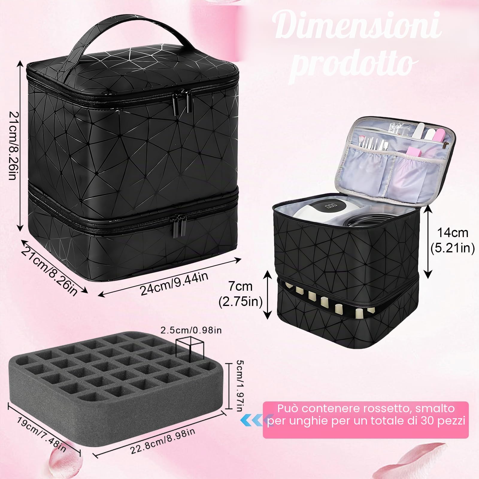 HA BIN Borsa Organizer Porta Smalti Professionale, per 30 Bottiglie e Lampada UV Custodia Impermeabile con Scomparti, Beauty Case da Viaggio Donna Ideale per Estetiste e Appassionati di Nail Art