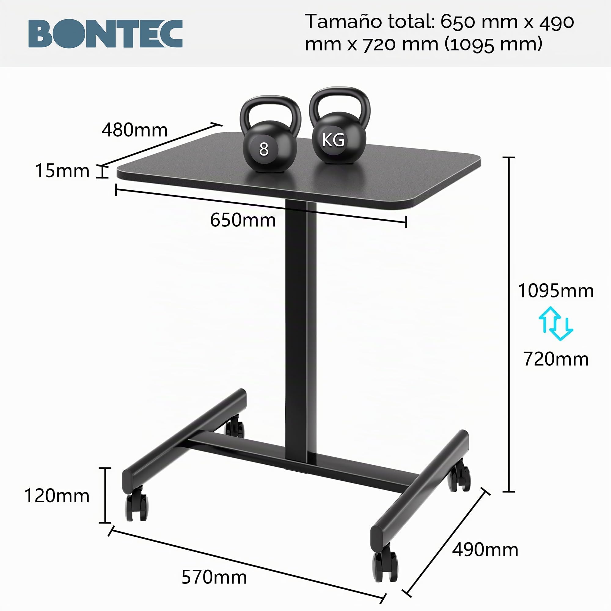 BONTEC Escritorio de pie móvil 65x48 cm con 4 Ruedas Giratorias, Ajustable en Altura, Mesa para Cama, Escritorio Portátil para Oficina y Sala de Estar, Mesa Multifuncional con Ruedas para Dormitorio