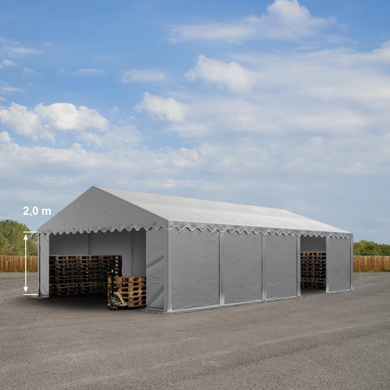 Grey storage tent with pallets inside, showing 2.0m entrance height