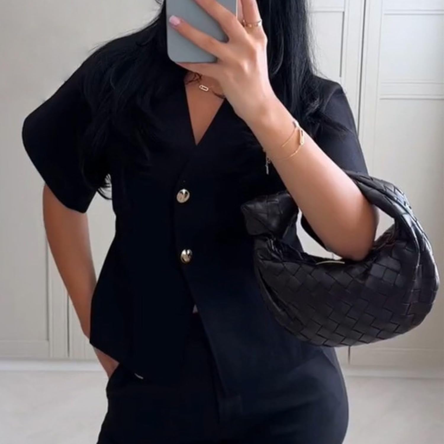 hathne Women's V Neck Short Sleeve Cardigan Sweater Button Down Ribbed Knit Tops - Image 2