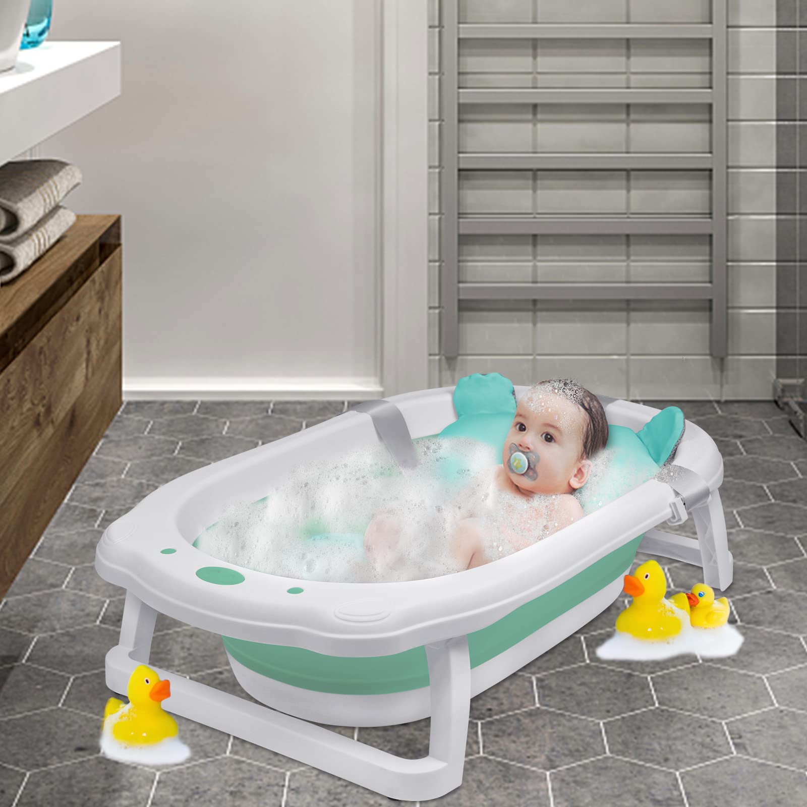 Vasca da bagno per neonato, pieghevole, vasca da bagno portatile, seggiolino per bambini con tappetino da bagno – verde