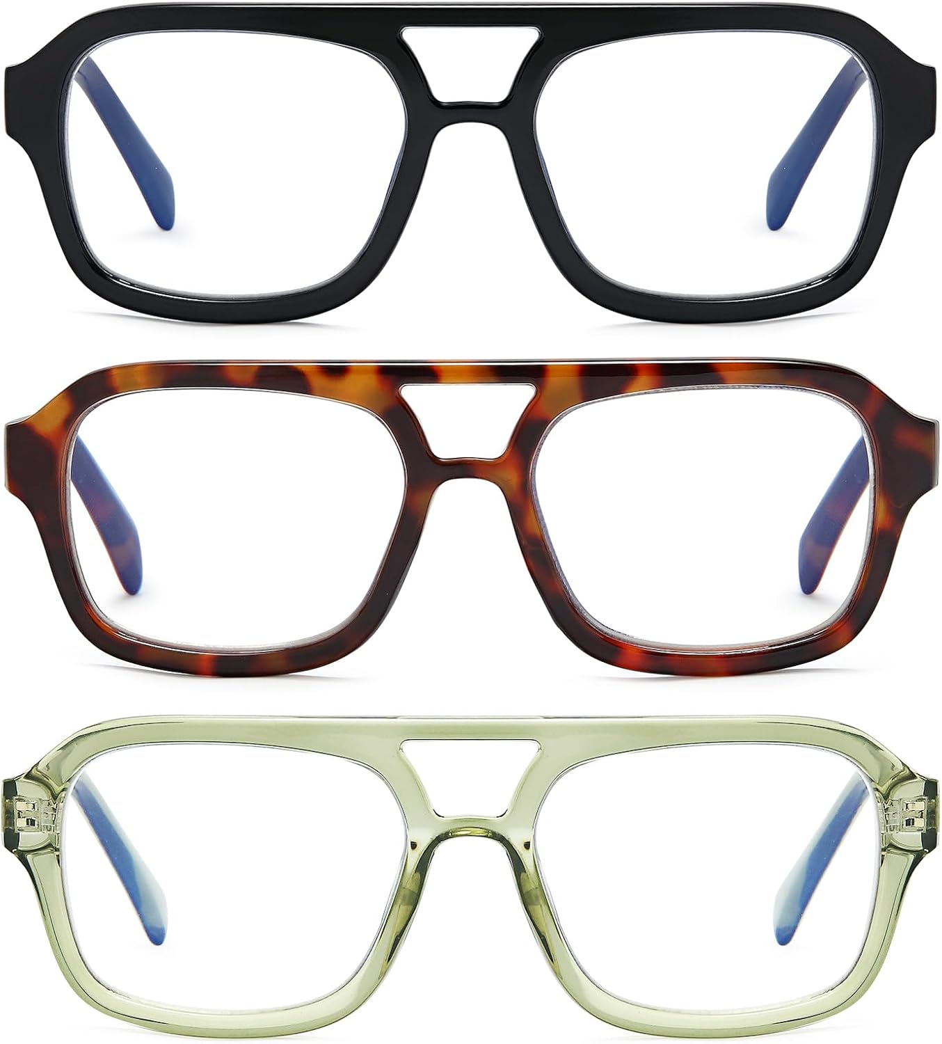 Aviator Reading Glasses for Women Men, 3 Pack Blue Light Blocking PC Recycled Material Retro Computer Readers LHJ209 Black/Demi/Olive 1.0 x