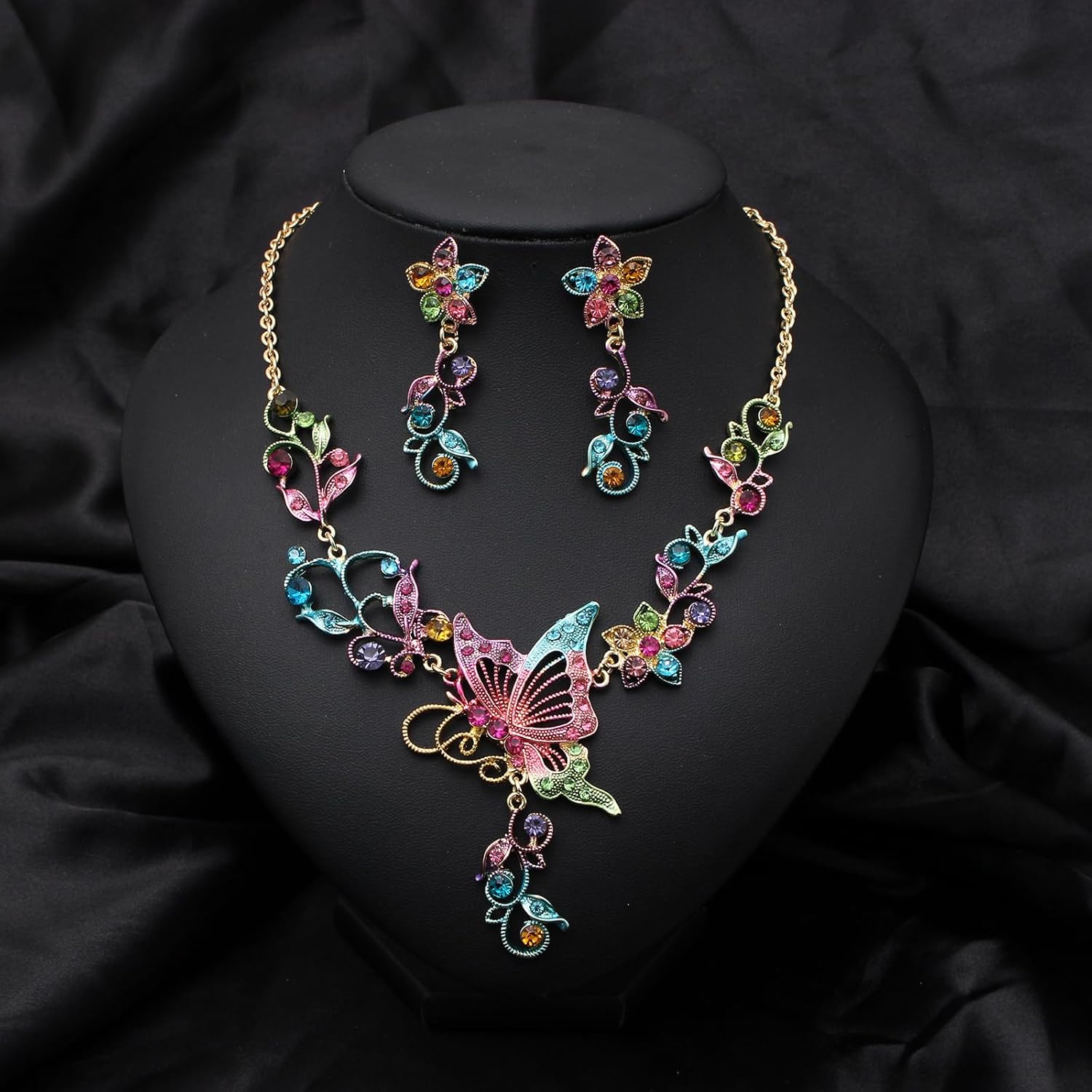 Elegant Wedding Austrian Crystal Butterfly Flower Leaf Necklace Drop Earring Link Bracelet Bridal Jewelry Set for Women Party Prom - Image 2