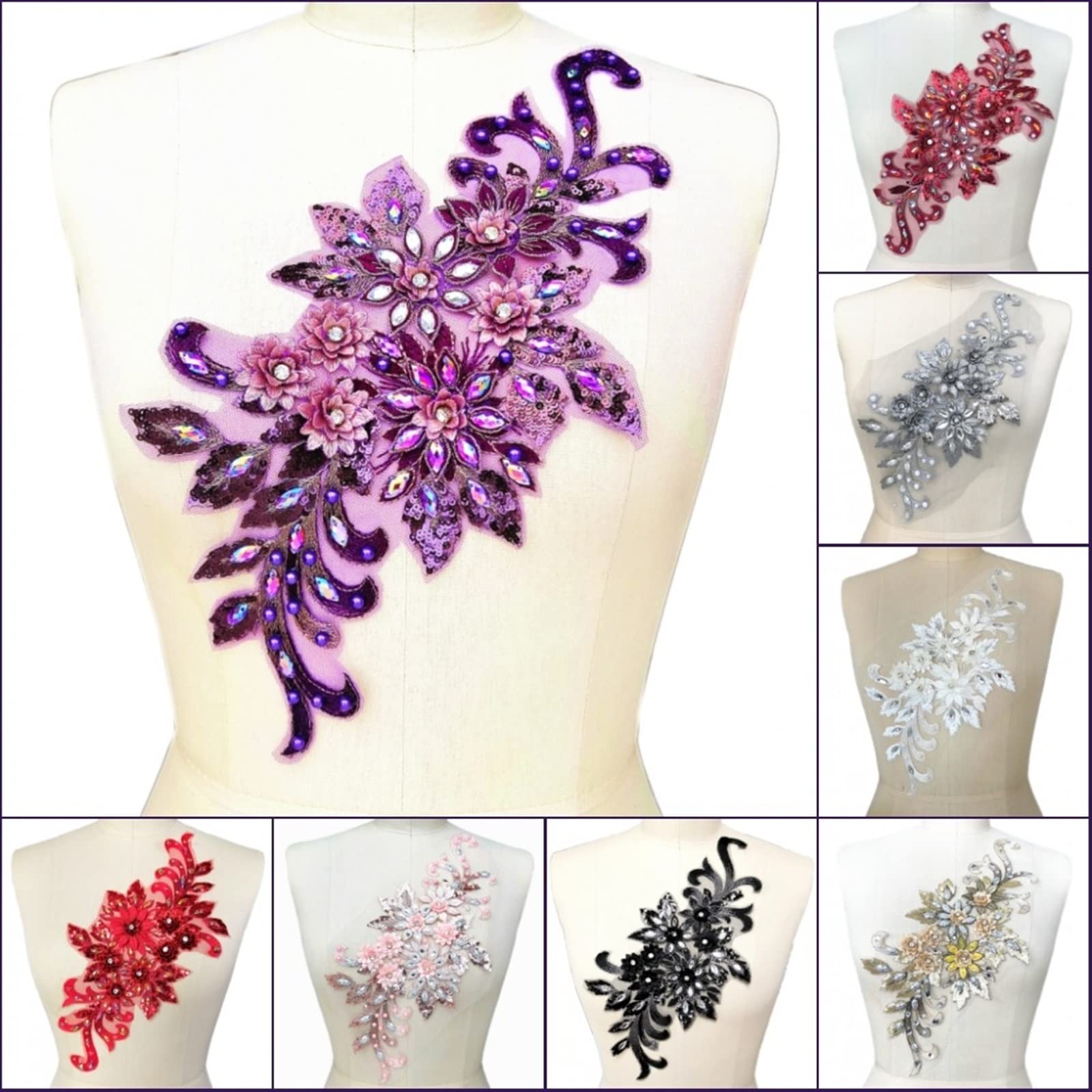 2 Toppe Ricamate 3D In Pizzo Con Perline Floreali - Rosa, Per Cucire Su Vestiti E Jeans - Foto 8